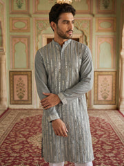 Modern Ethnic Silk Blend Kurta Pyjama Set ( 65KP 5501Grey S ) [FF] [A-1-4]