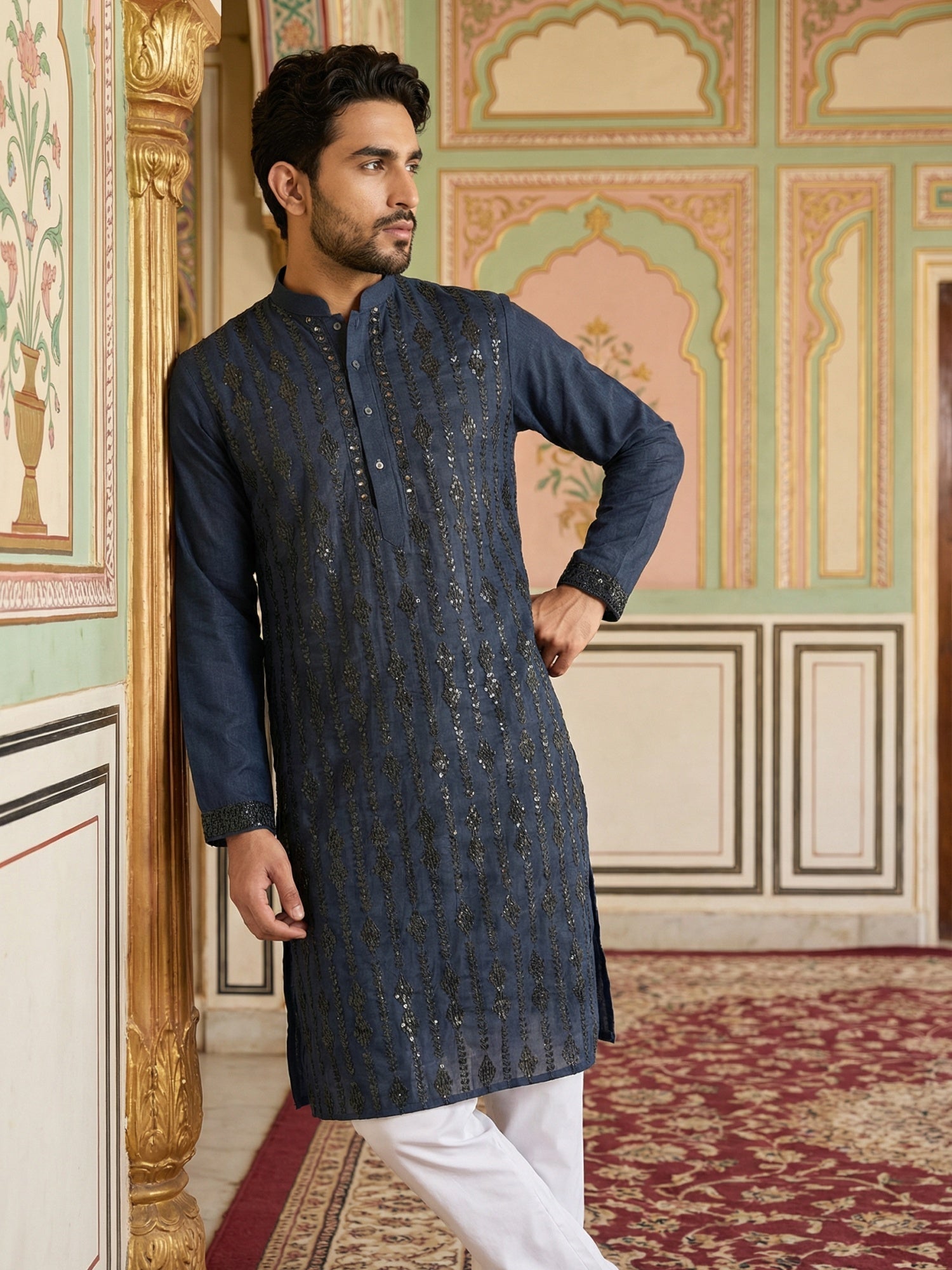 DesiQlo Men Embroidered Kurta Pyjama Set - Blue - 65KP_5501Navy_S