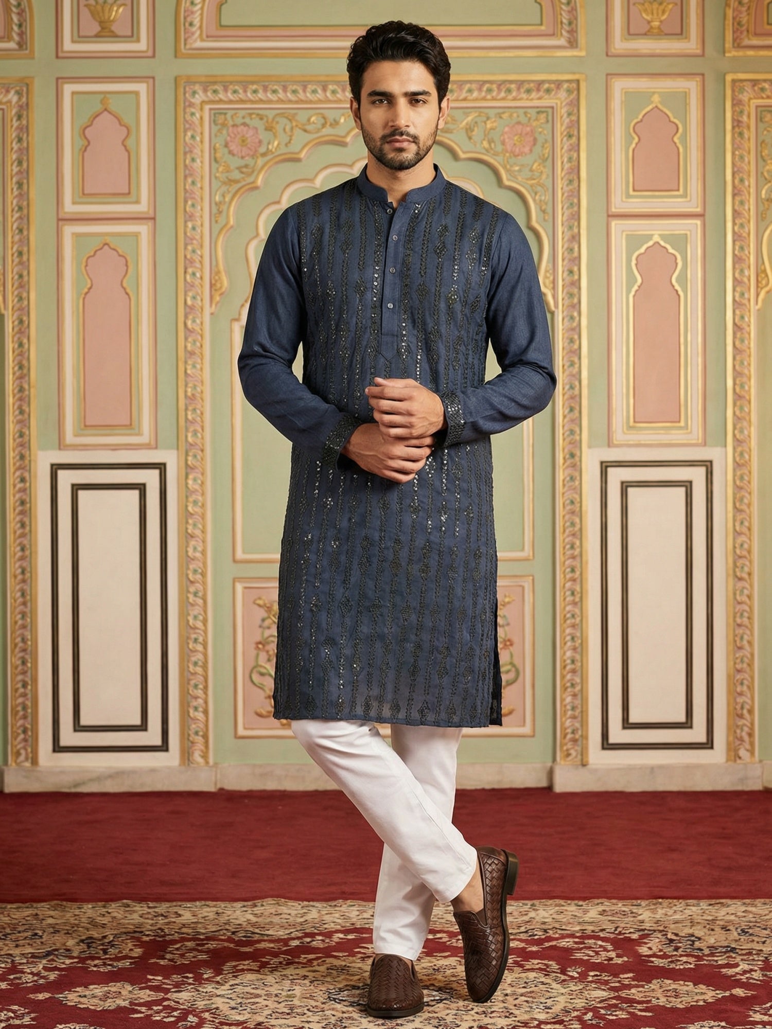 DesiQlo Men Embroidered Kurta Pyjama Set - Blue - 65KP_5501Navy_S