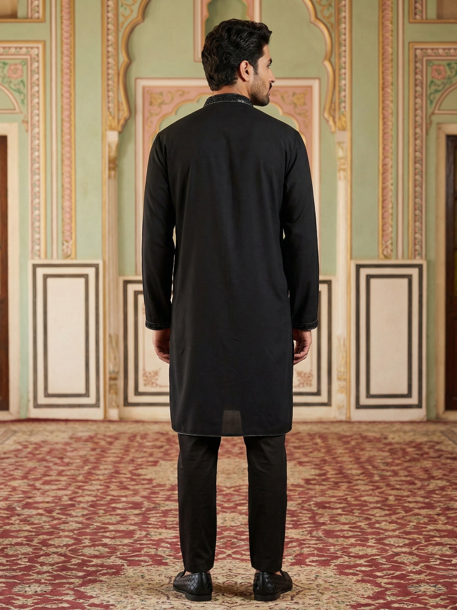 DesiQlo Men Embroidered Kurta Pyjama Set - Black - 65KP_B-P_5502Black_
