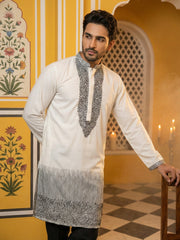 Japanese Cotton Blend Embroidered Kurta Set ( 65KP B-P 5502White S ) [FF] [L-4-5]