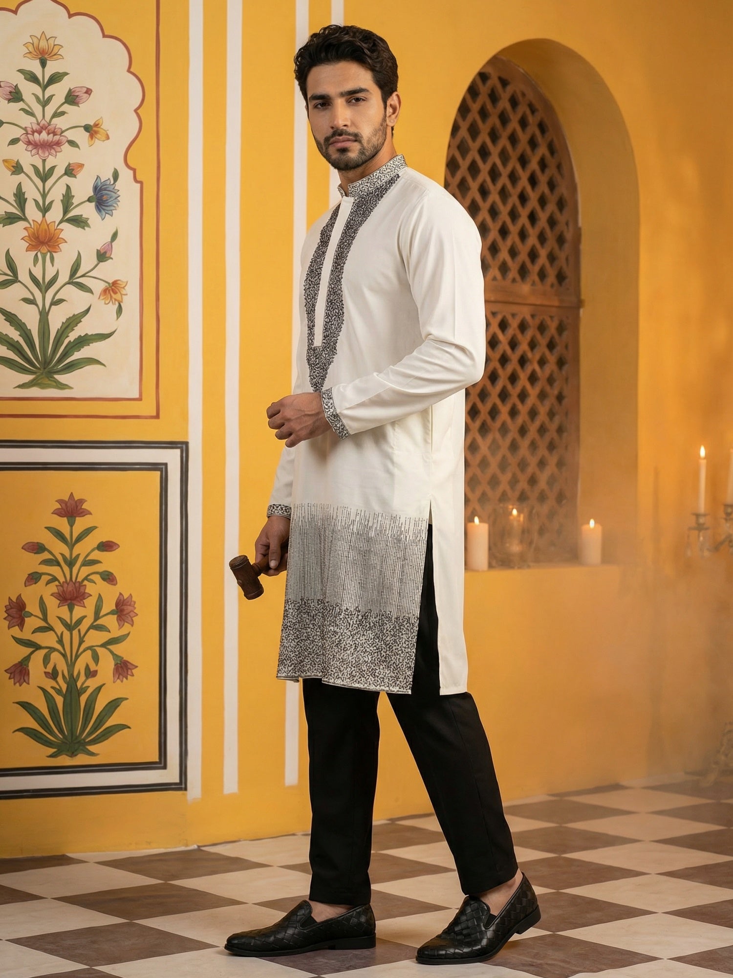DesiQlo Men Embroidered Kurta Pyjama Set - White - 65KP_B-P_5502White_