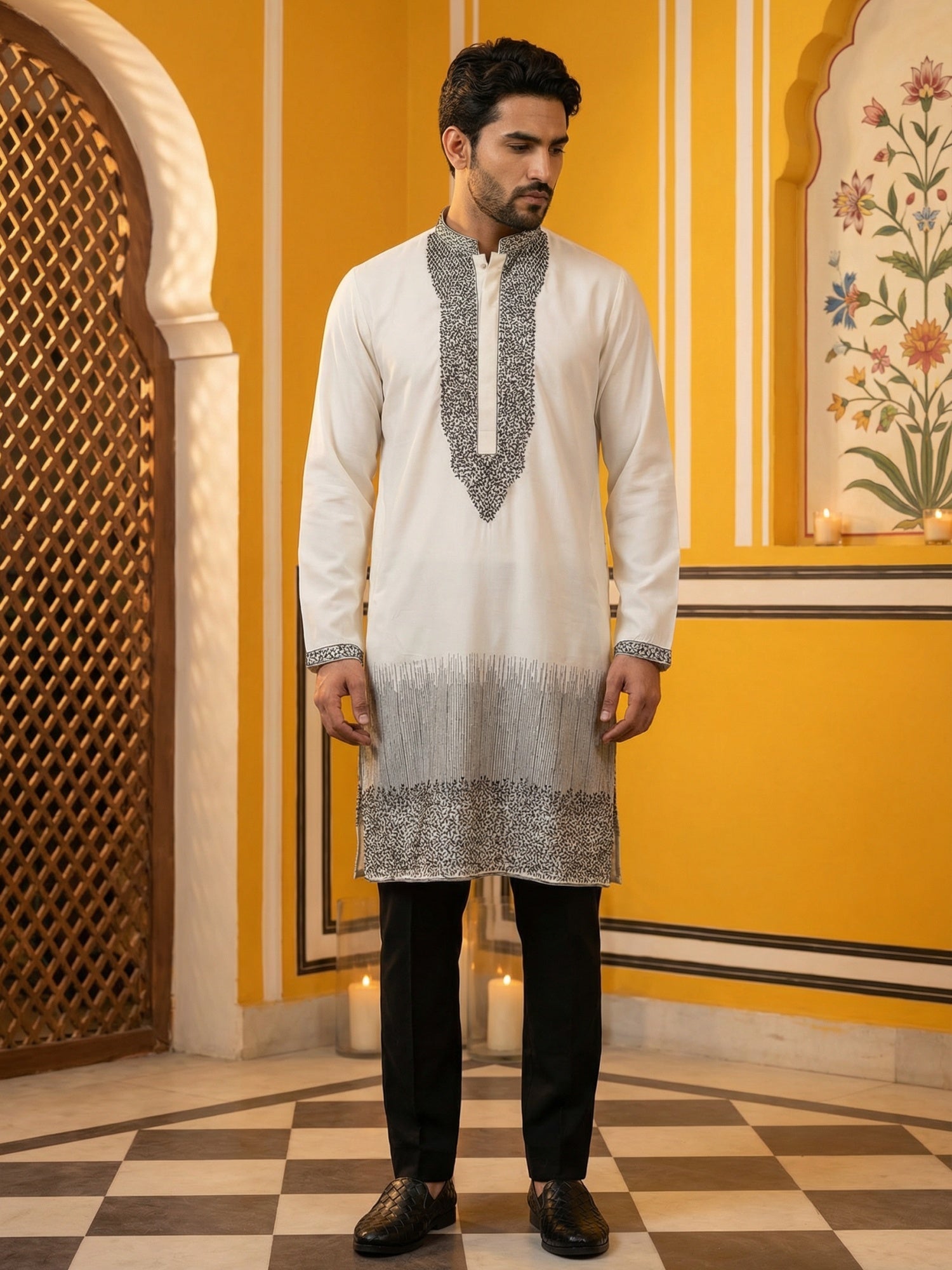 DesiQlo Men Embroidered Kurta Pyjama Set - White - 65KP_B-P_5502White_
