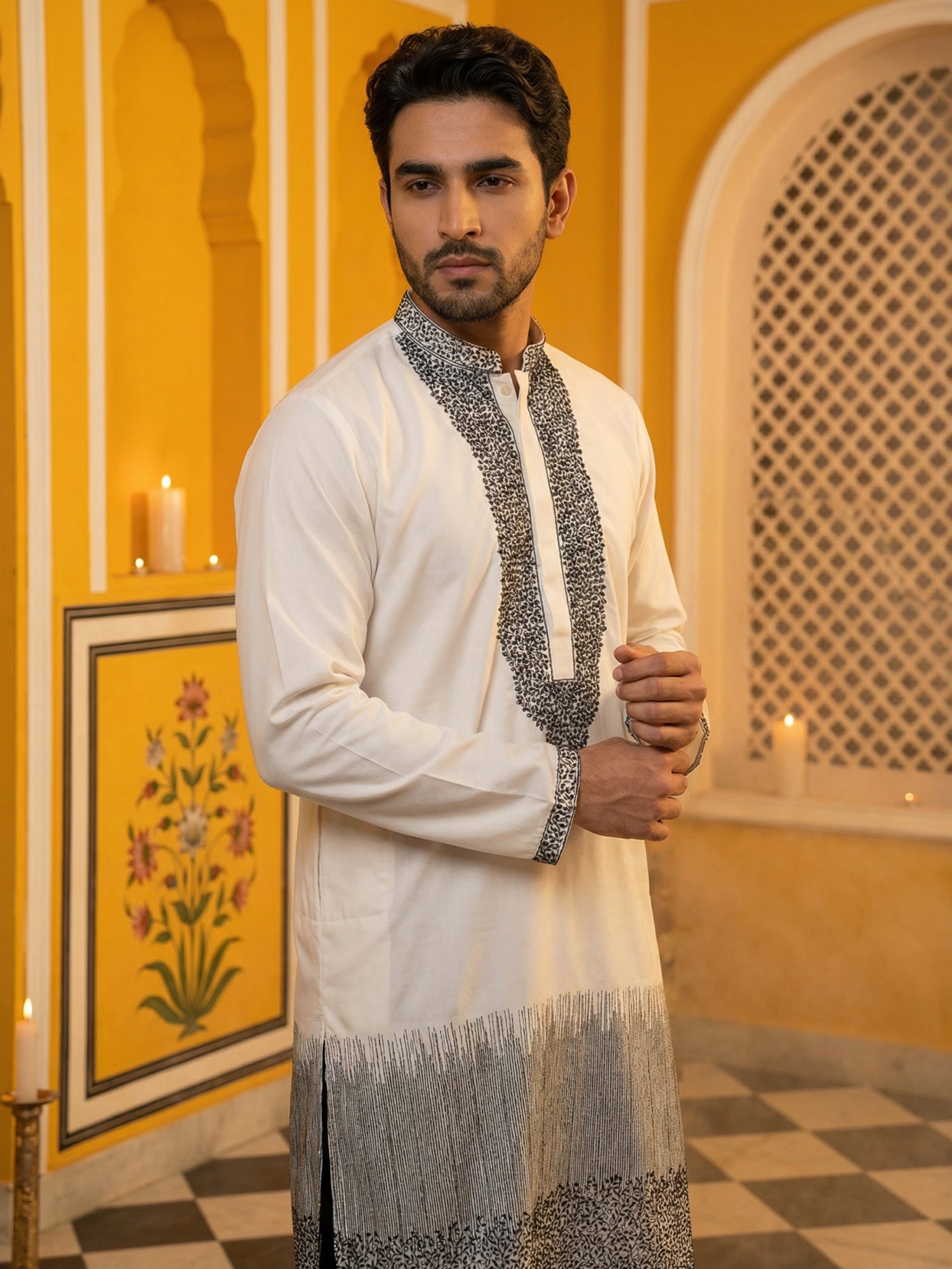 DesiQlo Men Embroidered Kurta Pyjama Set - White - 65KP_B-P_5502White_