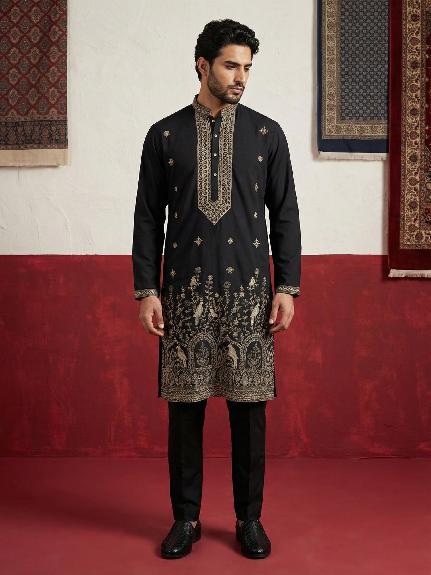 DesiQlo Men Embroidered Kurta Pyjama Set - Black - 65KP_B-P_5503Black_