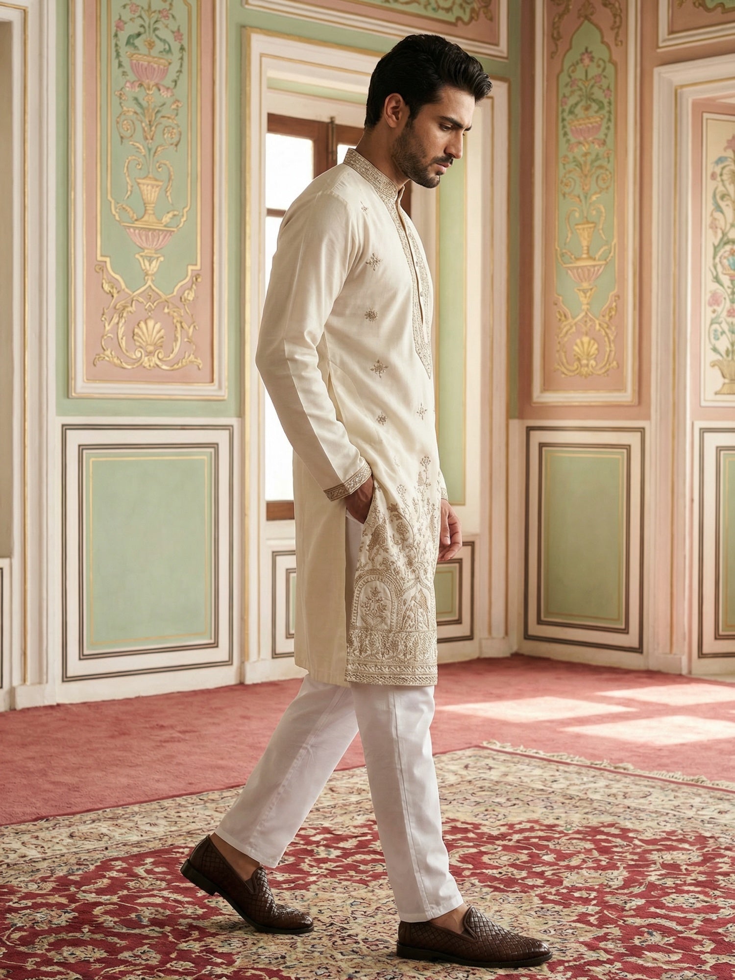 DesiQlo Men Embroidered Kurta Pyjama Set - White - 65KP_5503White_S