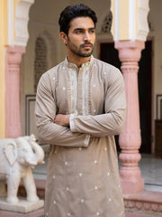 Men Japanese Imported Beige Embroidered Kurta Set ( 65KP P 5504Beige )