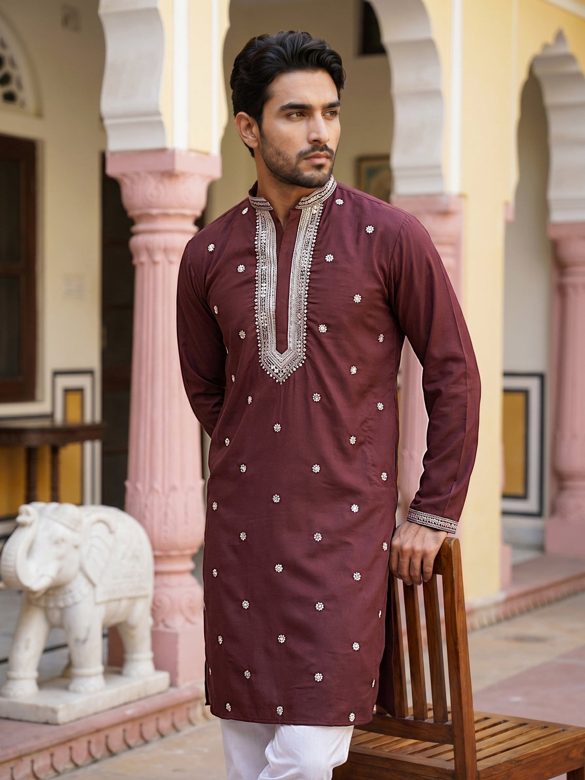Men Japanese Imported Maroon Embroidered Kurta Set ( 65KP P 5504Maroon )