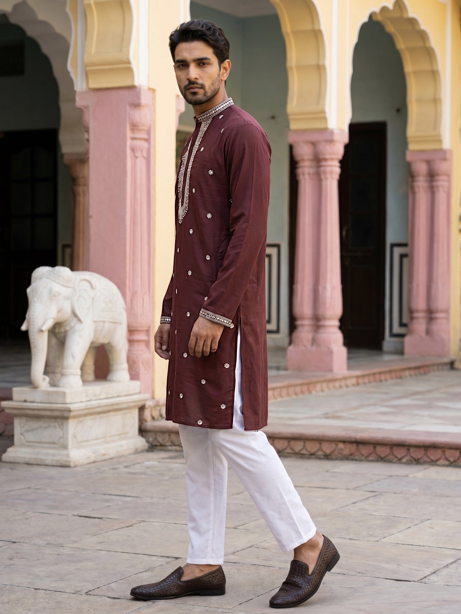 DesiQlo Men Embroidered Kurta Pyjama Set - Maroon - 65KP_P_5504Maroon_