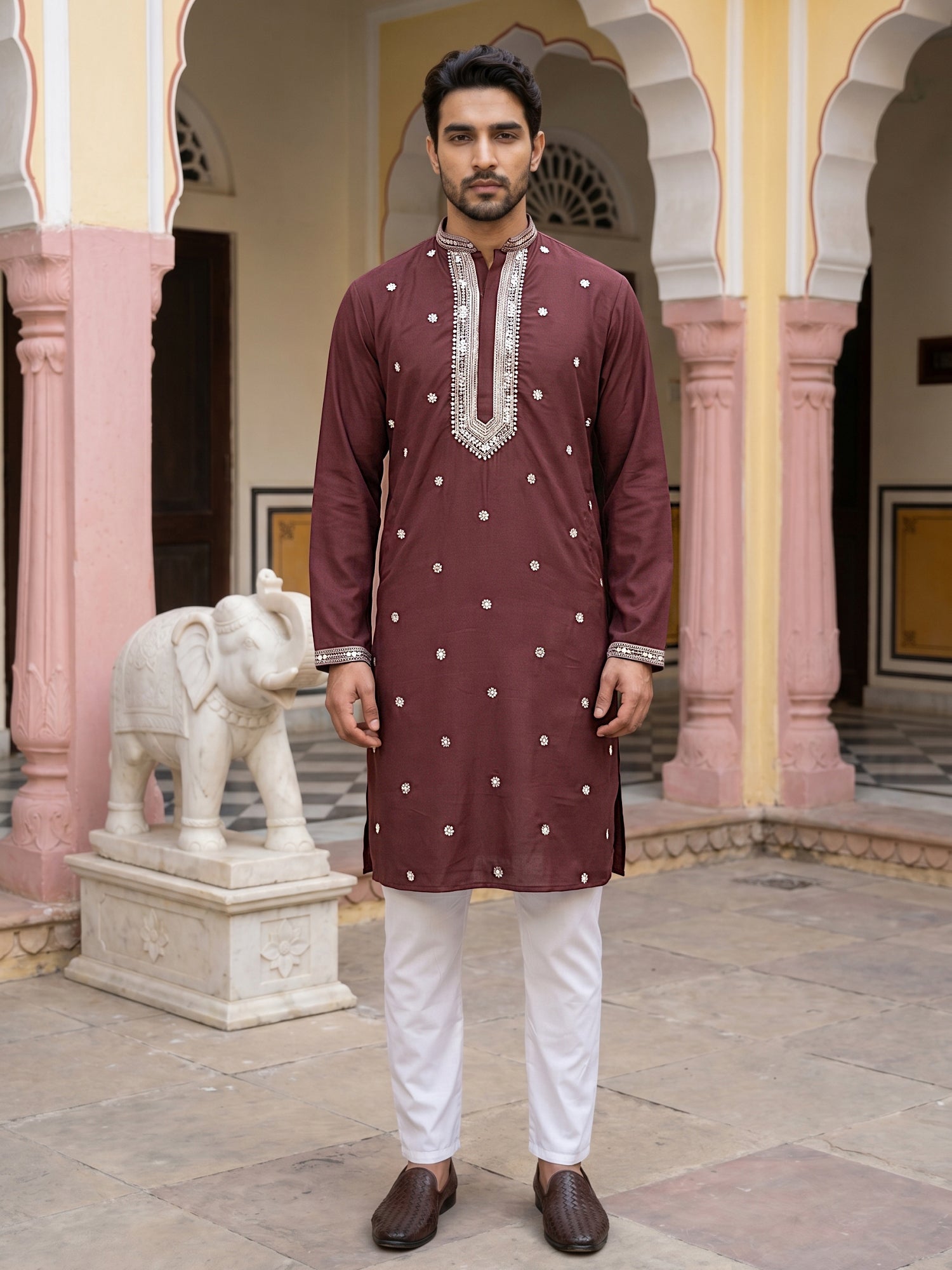 DesiQlo Men Embroidered Kurta Pyjama Set - Maroon - 65KP_P_5504Maroon_