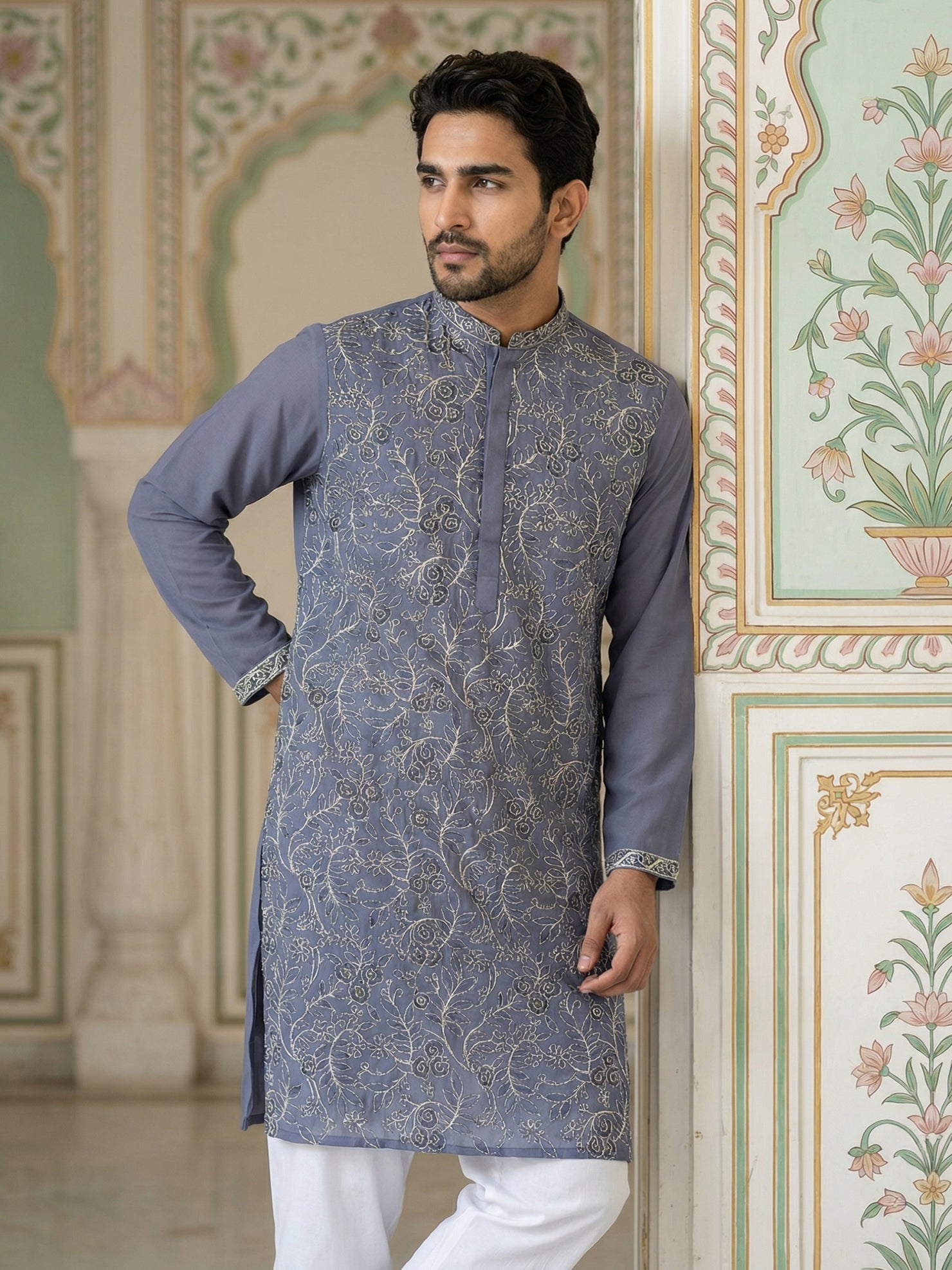 DesiQlo Men Embroidered Kurta Pyjama Set - Blue - 65KP_P_5505Blue_S