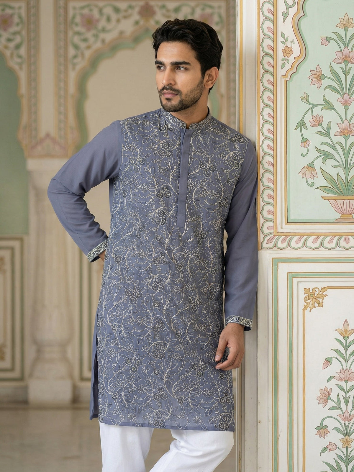 Men Festive Embroidered Straight Kurta Set ( 65KP P 5505Blue ) [FF] [H-10]