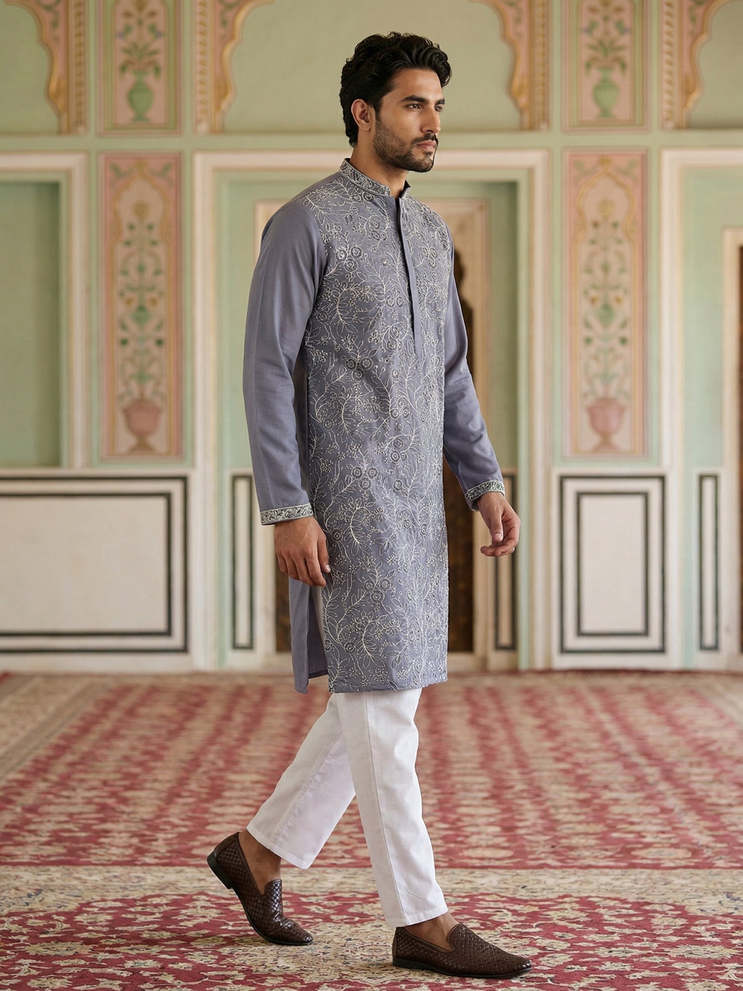 DesiQlo Men Embroidered Kurta Pyjama Set - Blue - 65KP_P_5505Blue_S