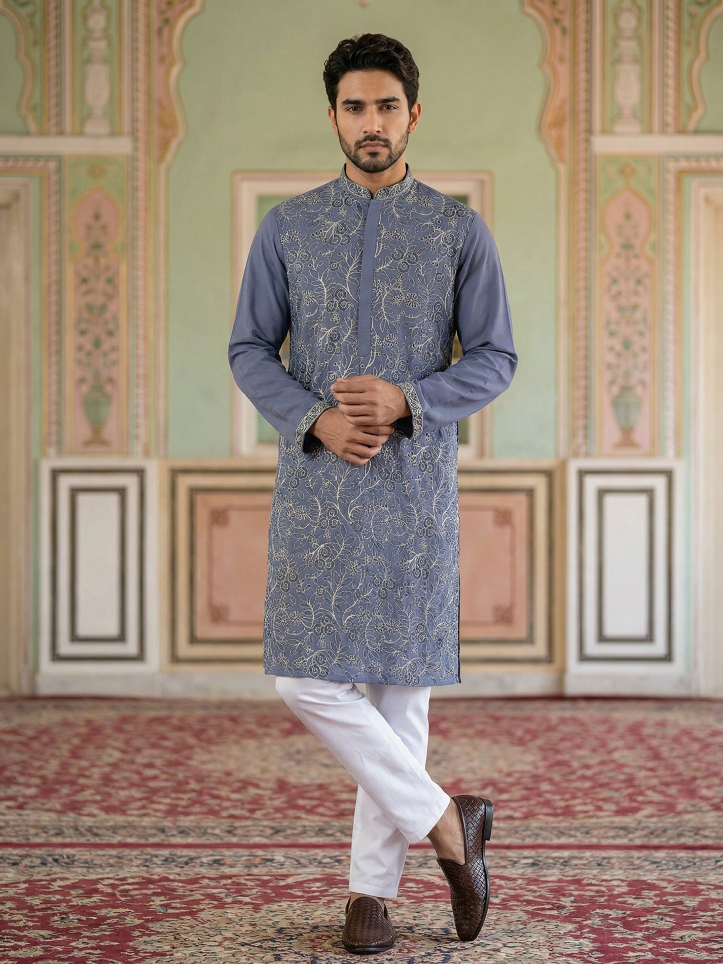 DesiQlo Men Embroidered Kurta Pyjama Set - Blue - 65KP_P_5505Blue_S