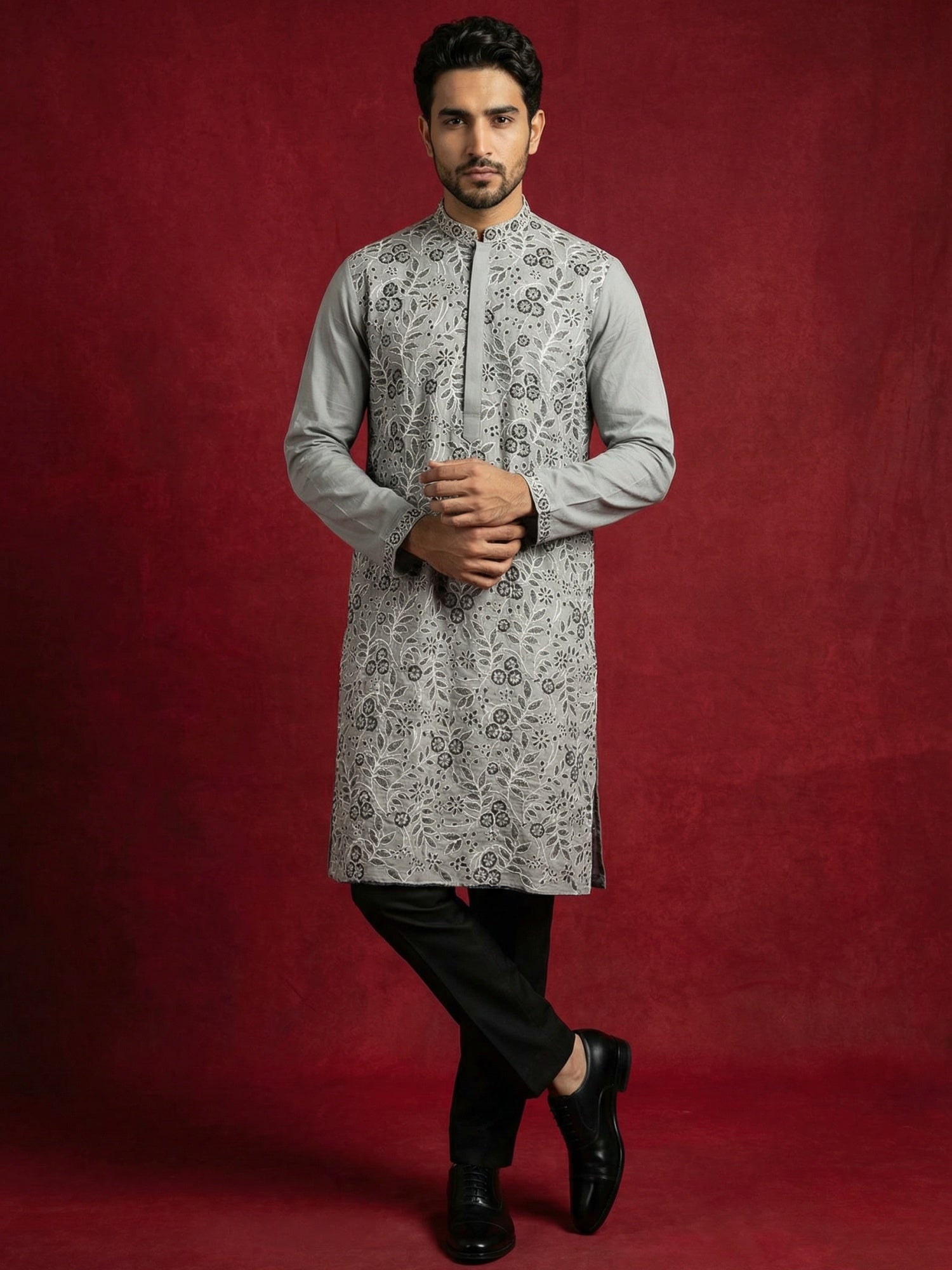 DesiQlo Men Embroidered Kurta Pyjama Set - Grey - 65KP_B-P_5505Grey_S