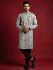 Men Festive Grey Embroidered Straight Kurta Set ( 65KP B-P 5505Grey S )