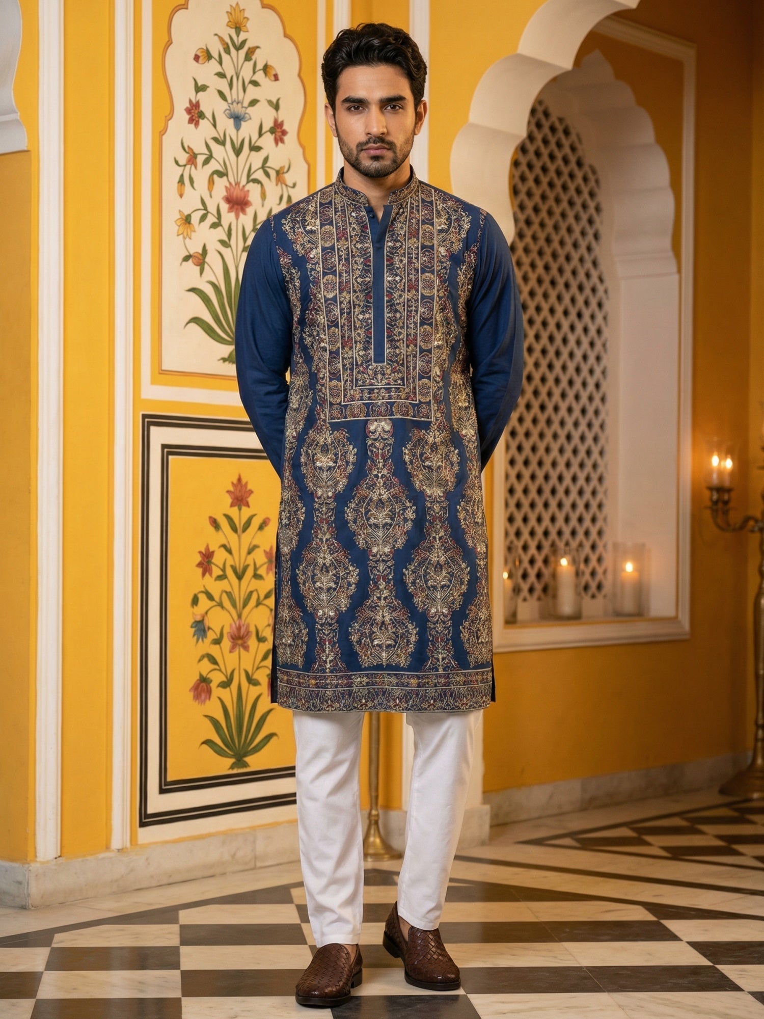 DesiQlo Men Embroidered Kurta Pyjama Set - Multicolor - 65KP_5506Peaco