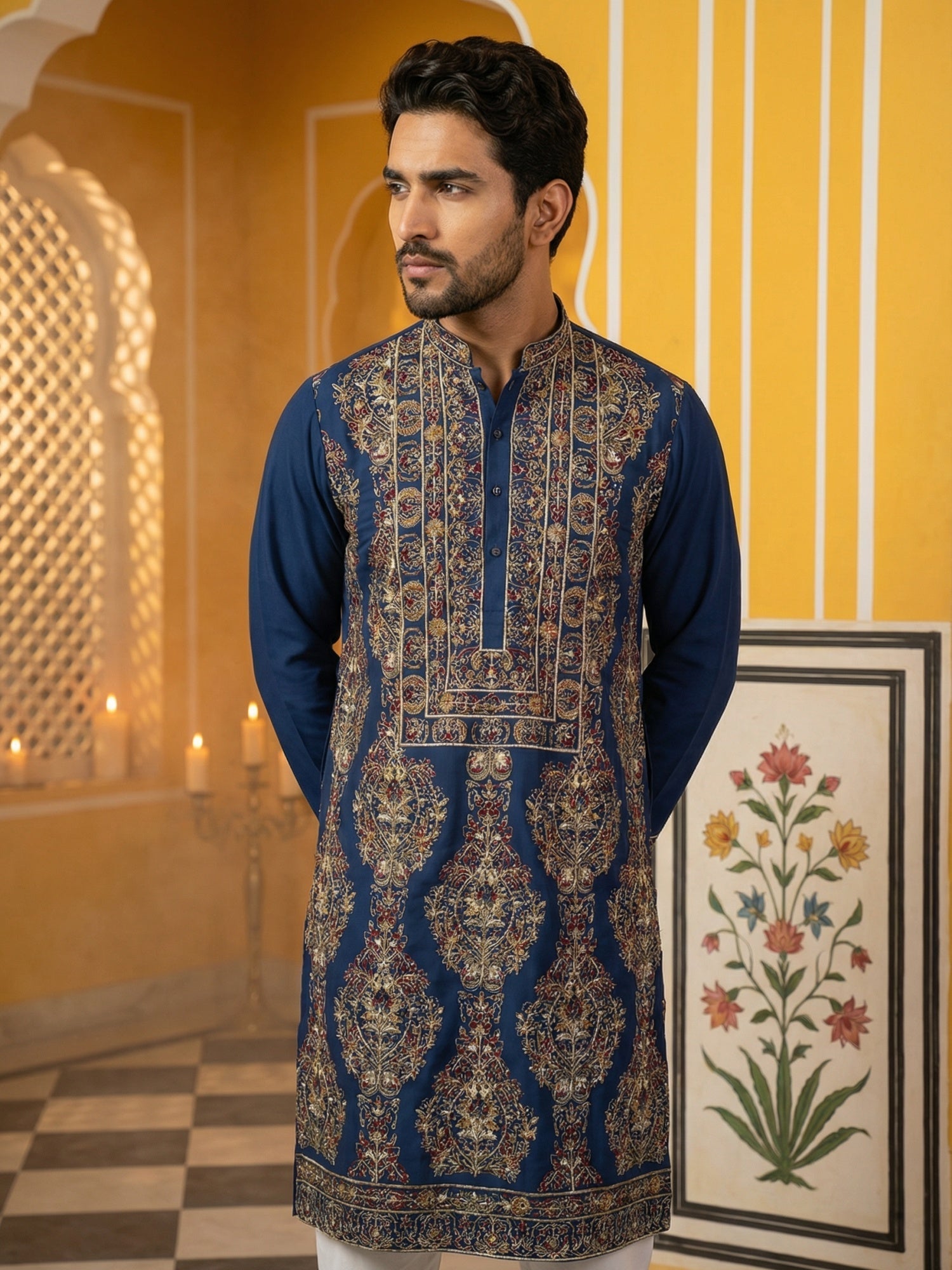 DesiQlo Men Embroidered Kurta Pyjama Set - Multicolor - 65KP_5506Peaco