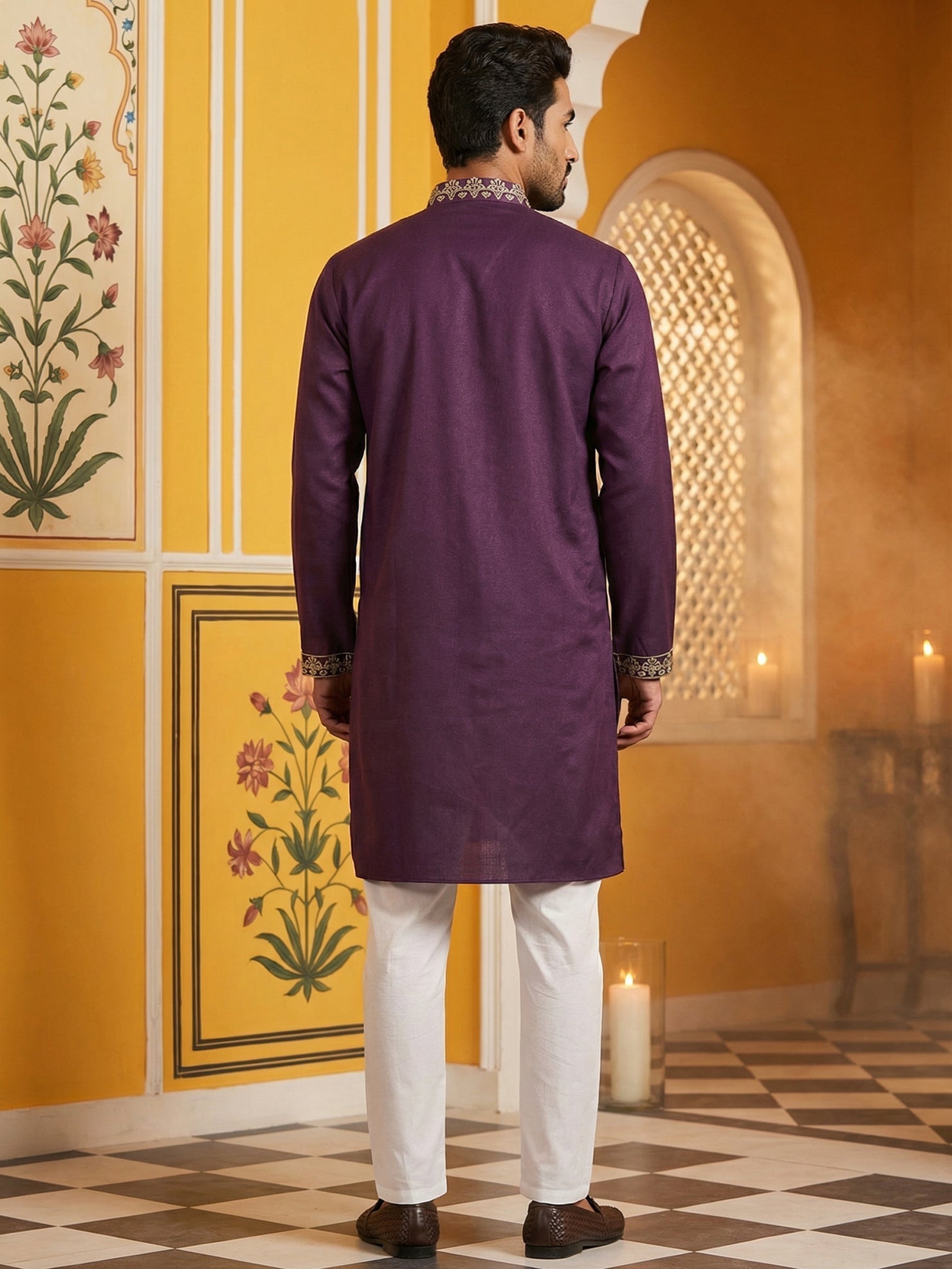 DesiQlo Men Embroidered Kurta Pyjama Set - Purple - 65KP_P_5508Purple_