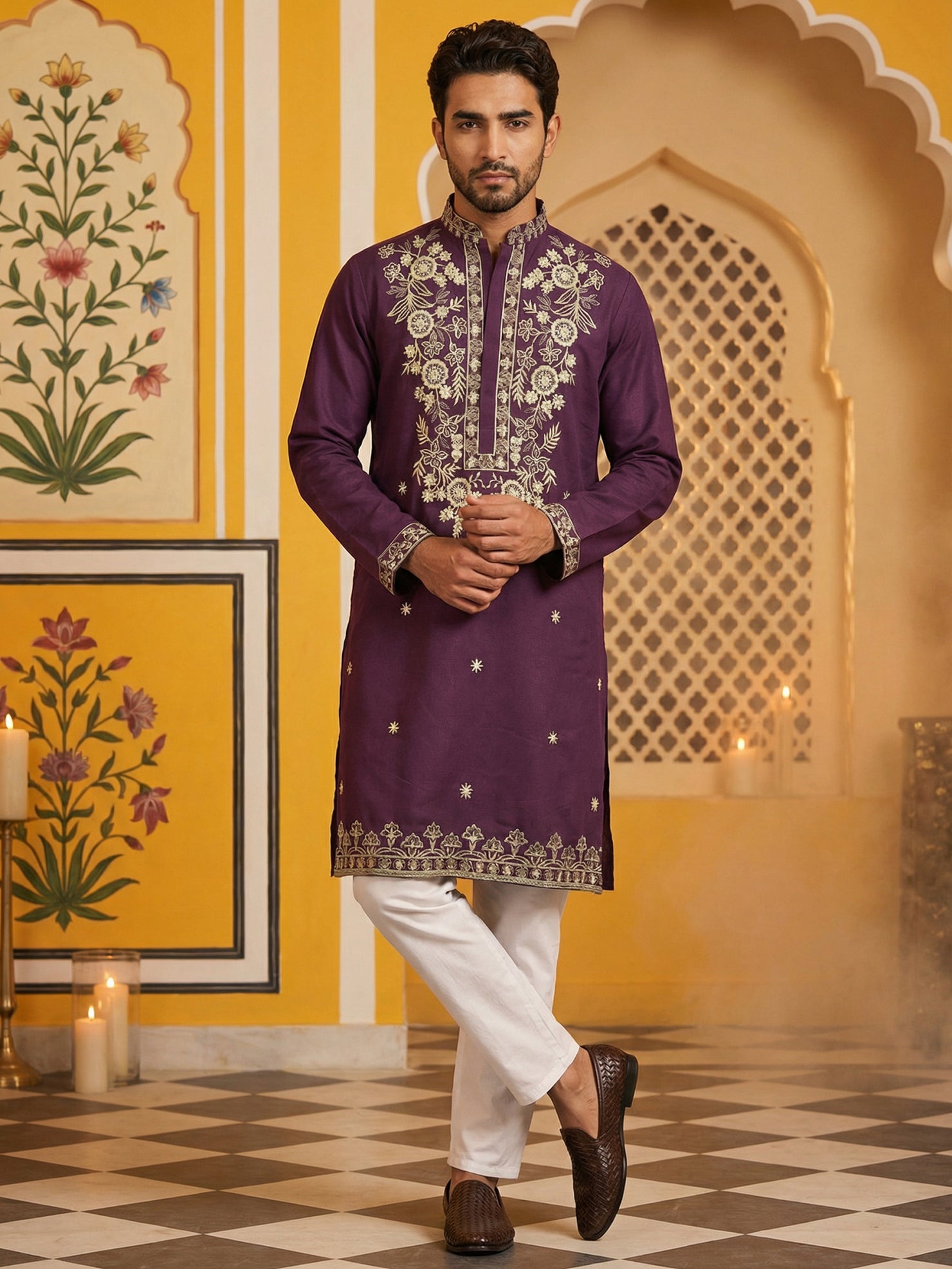 DesiQlo Men Embroidered Kurta Pyjama Set - Purple - 65KP_P_5508Purple_