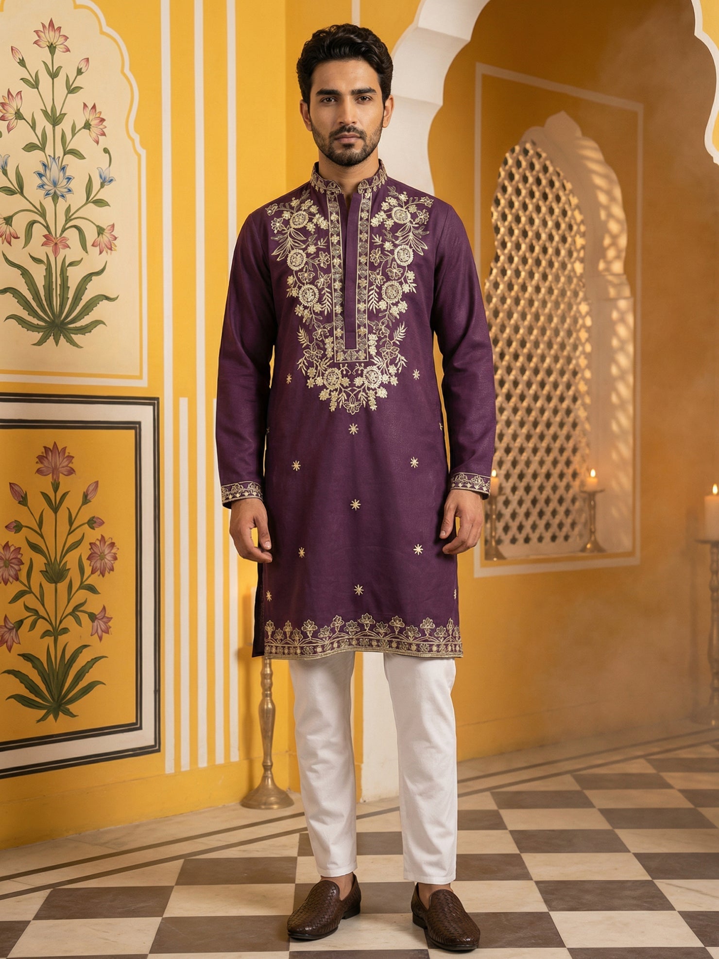 DesiQlo Men Embroidered Kurta Pyjama Set - Purple - 65KP_P_5508Purple_