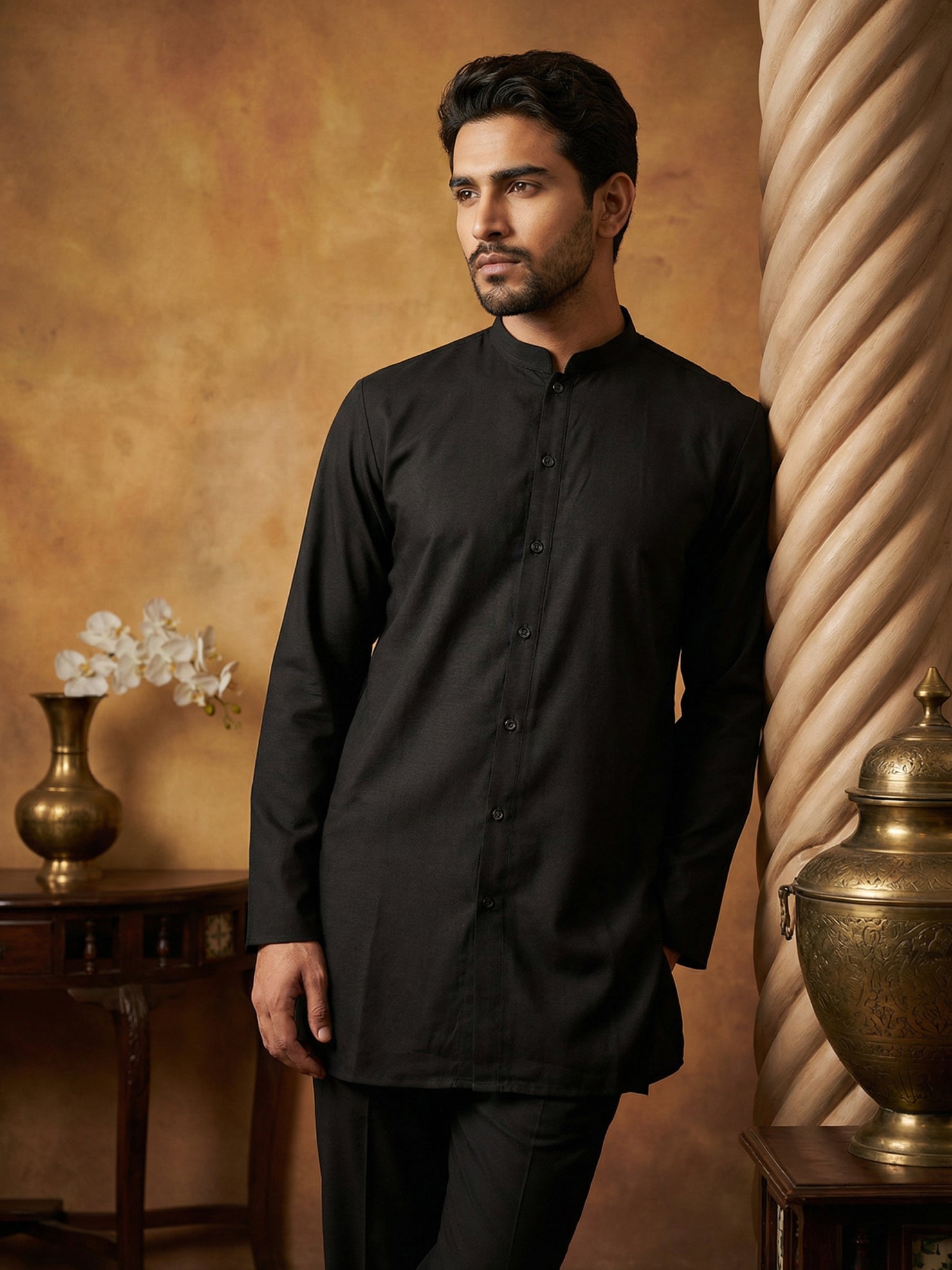 DesiQlo Men Solid Kurta Pyjama Set - Black - 65KP_5509Black_S