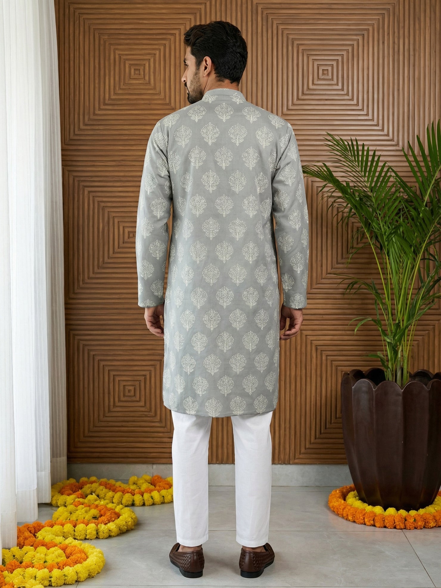 DesiQlo Men Printed Kurta Pyjama Set - Grey - 65KP_P_5510Grey_S