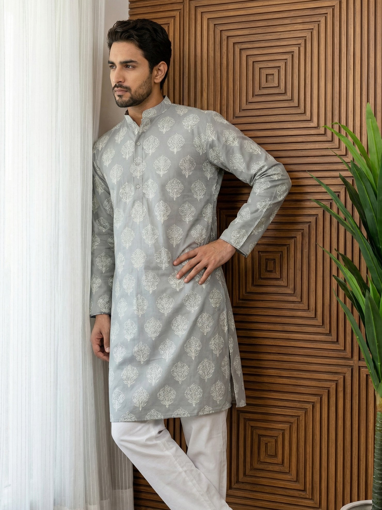 DesiQlo Men Printed Kurta Pyjama Set - Grey - 65KP_P_5510Grey_S