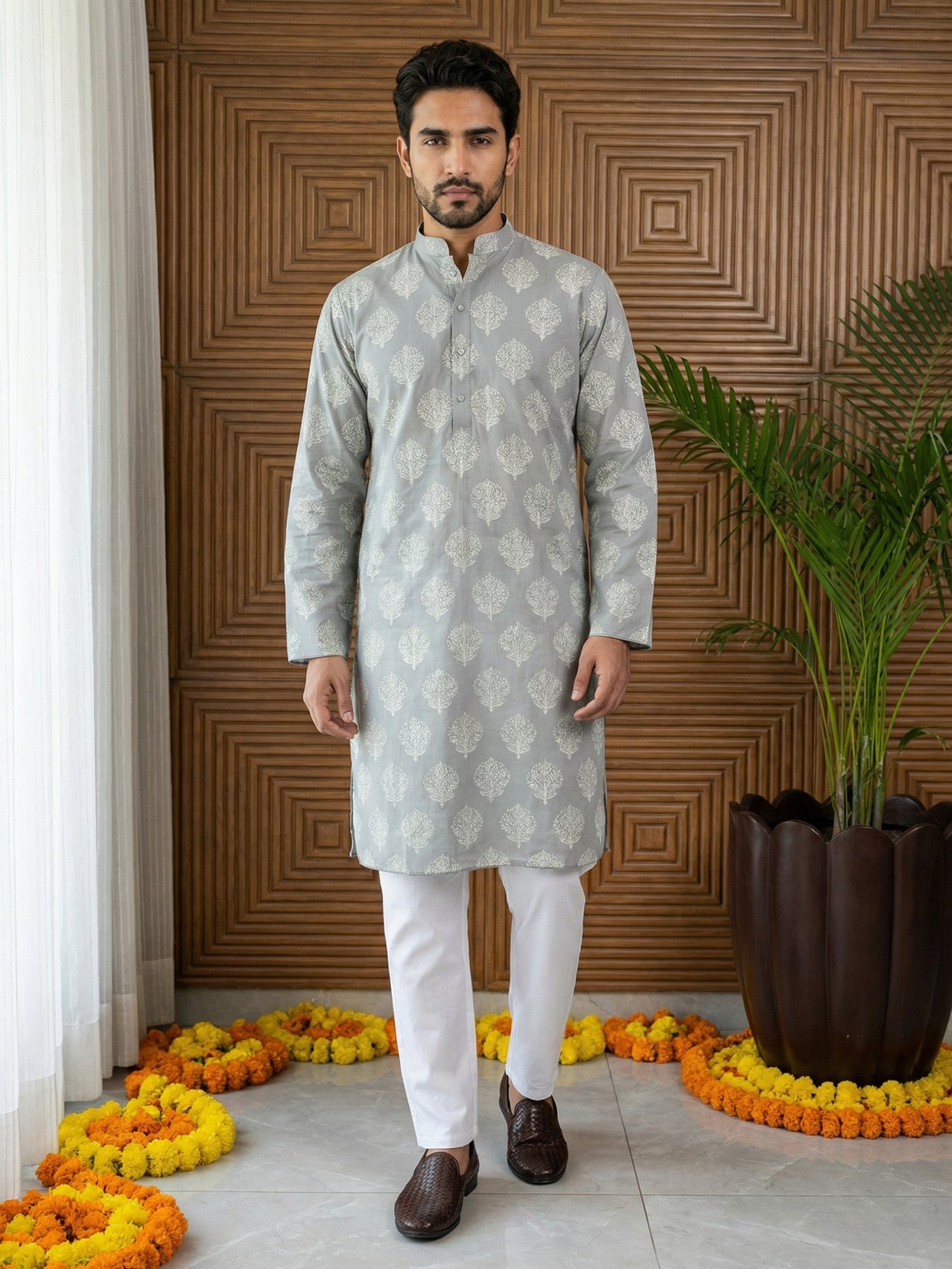DesiQlo Men Printed Kurta Pyjama Set - Grey - 65KP_P_5510Grey_S