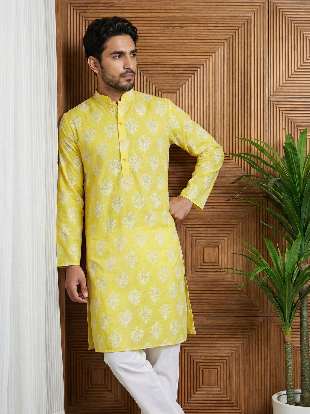 Men’s Cotton Blend Ethnic Printed Kurta Set ( 65KP P 5510Lemon ) [FF] [N-13]