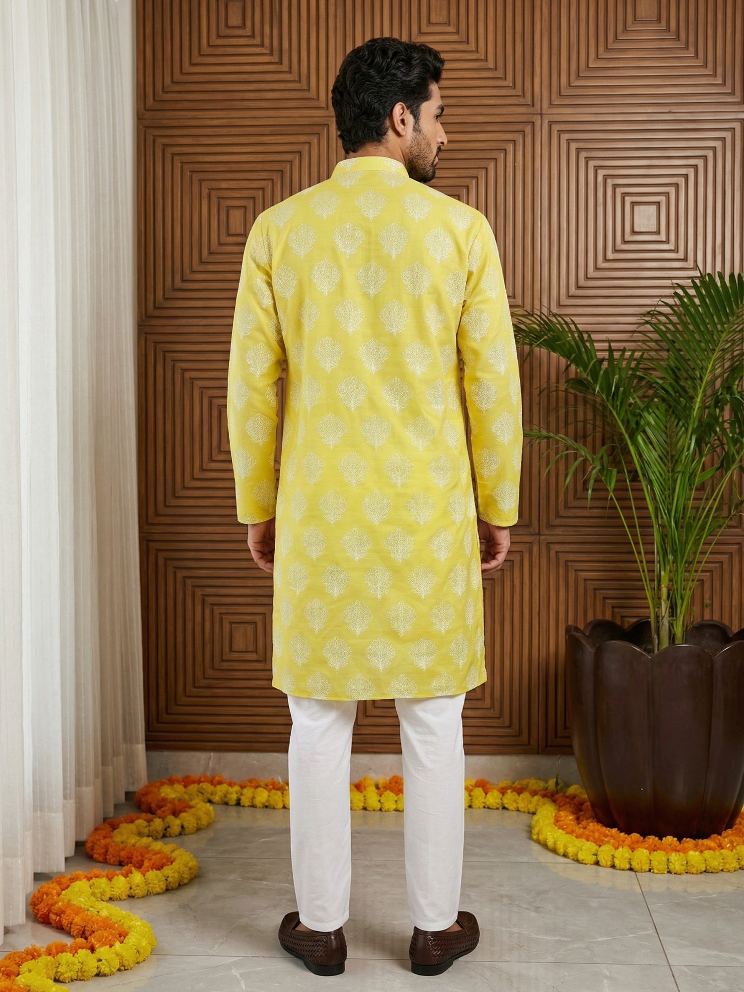 DesiQlo Men Printed Kurta Pyjama Set - Yellow - 65KP_P_5510Lemon_S