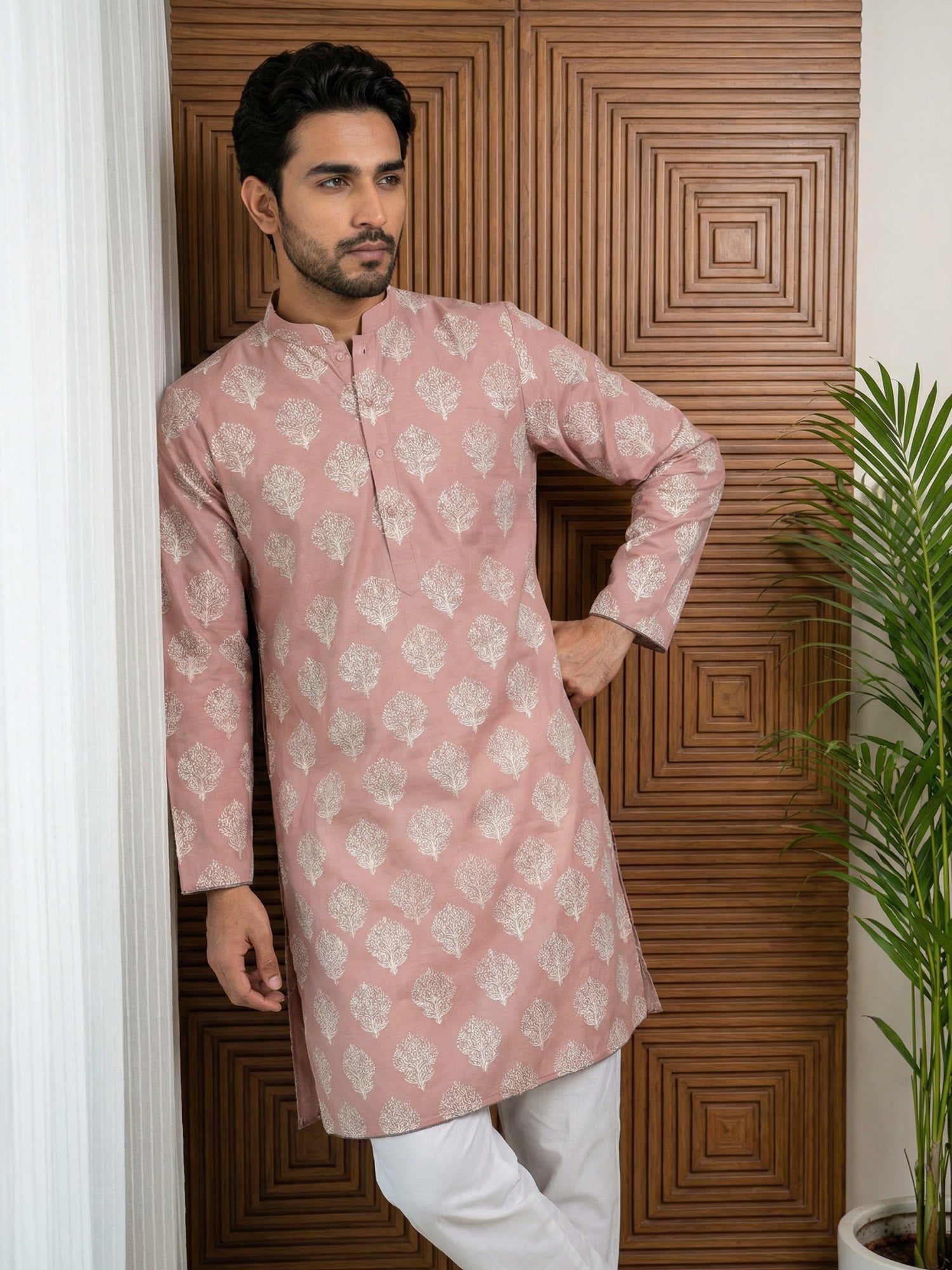 DesiQlo Men Printed Kurta Pyjama Set - Orange - 65KP_P_5510Peach_S