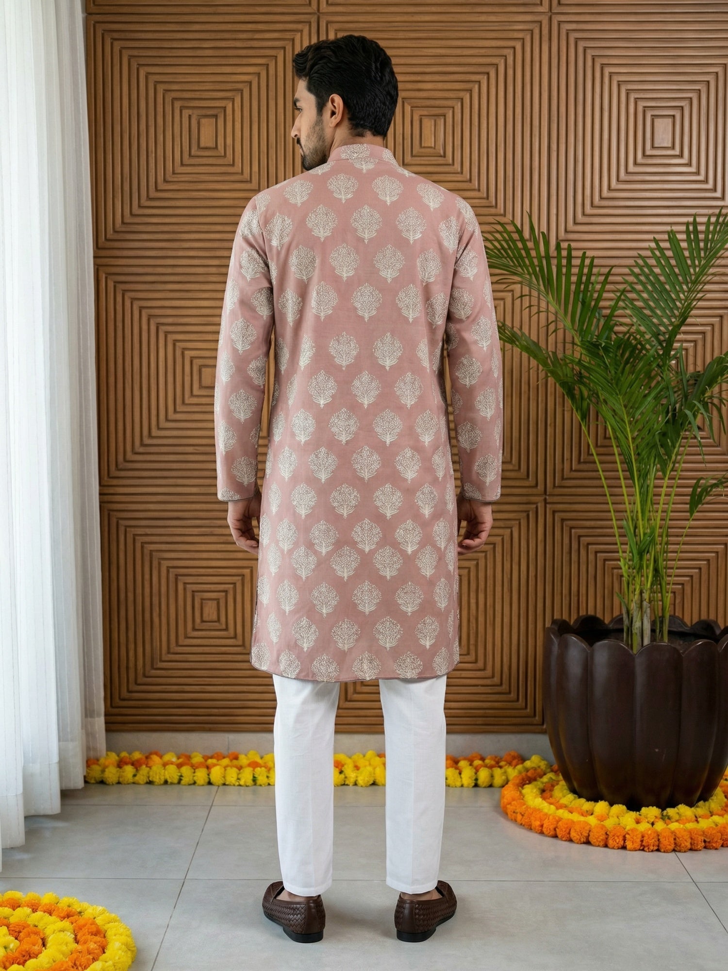 DesiQlo Men Printed Kurta Pyjama Set - Orange - 65KP_P_5510Peach_S