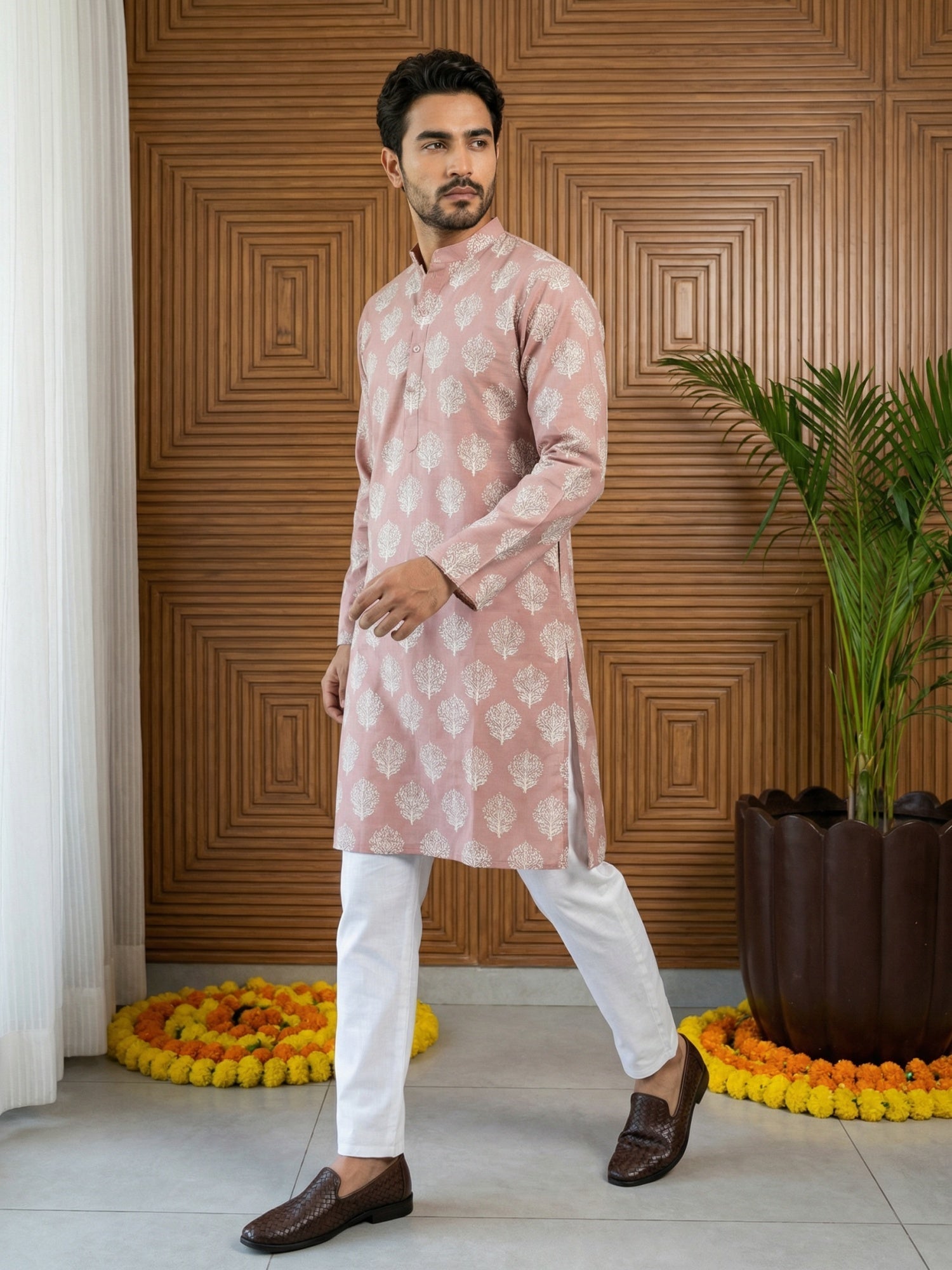 DesiQlo Men Printed Kurta Pyjama Set - Orange - 65KP_P_5510Peach_S