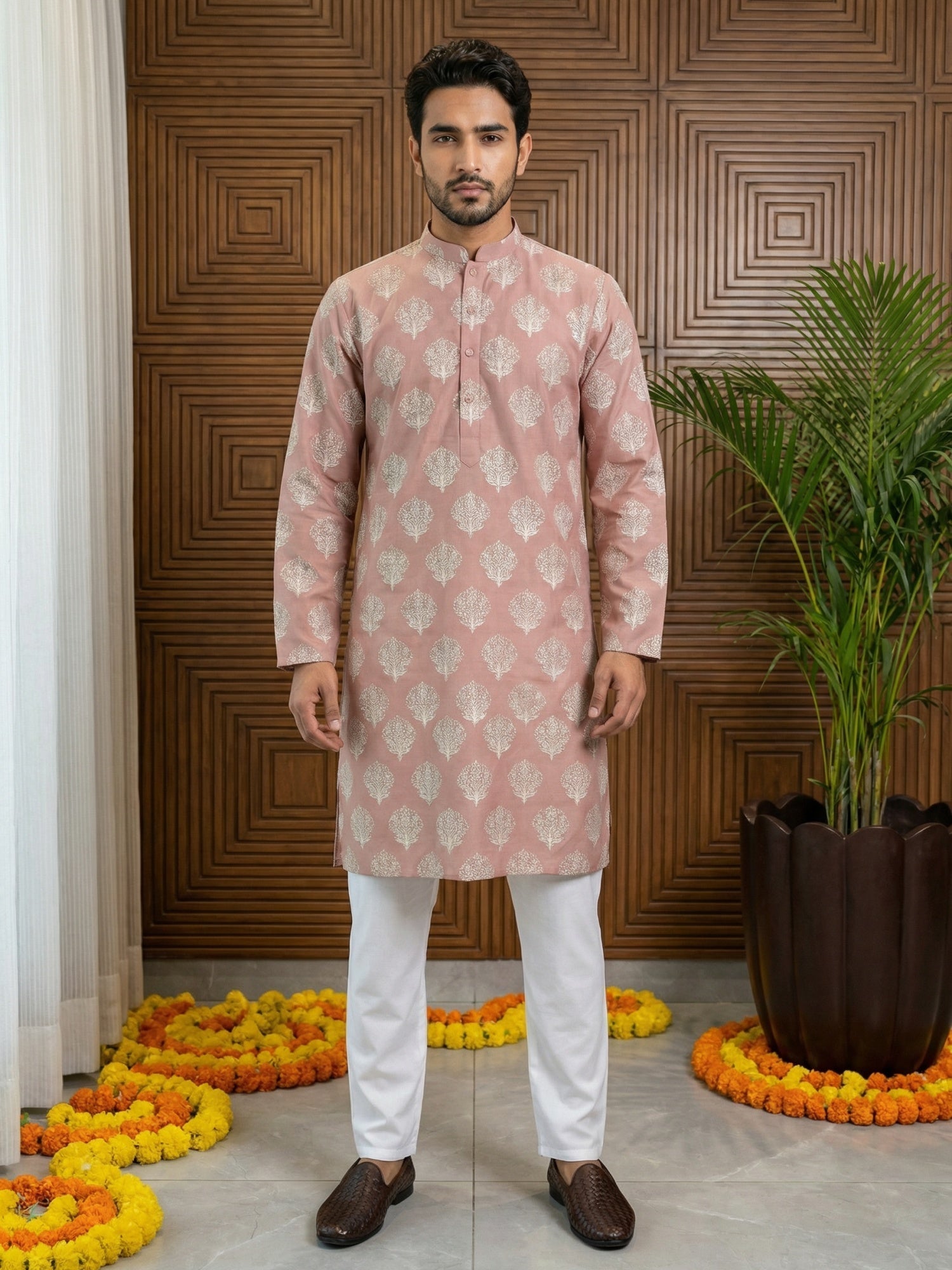 DesiQlo Men Printed Kurta Pyjama Set - Orange - 65KP_P_5510Peach_S