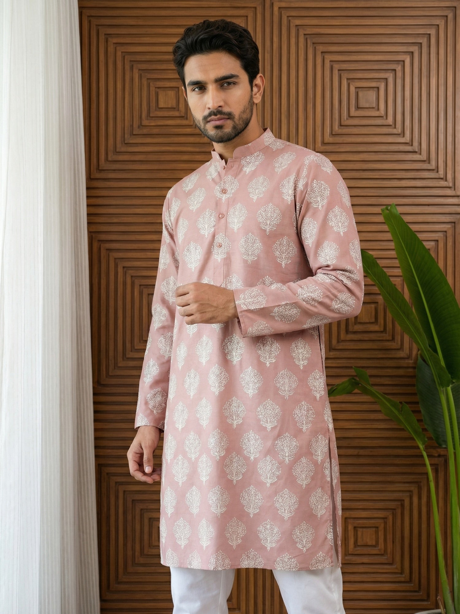 DesiQlo Men Printed Kurta Pyjama Set - Orange - 65KP_P_5510Peach_S