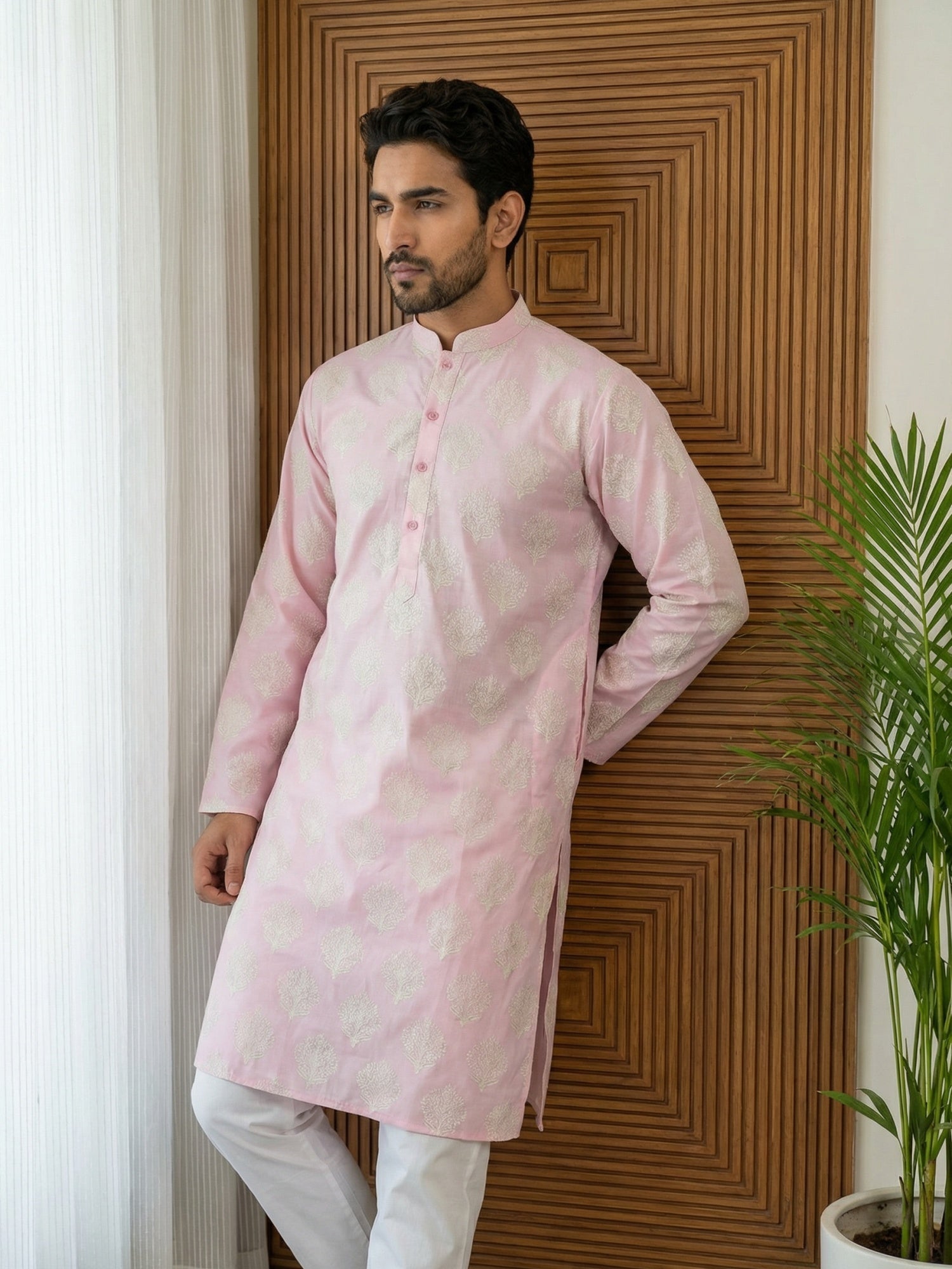 DesiQlo Men Printed Kurta Pyjama Set - Pink - 65KP_P_5510Pink_S