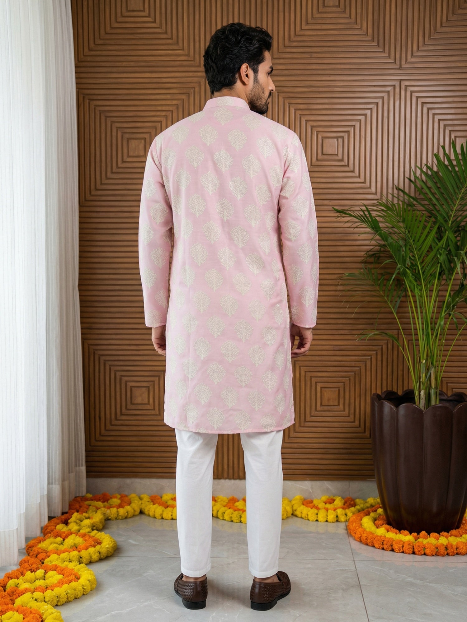 DesiQlo Men Printed Kurta Pyjama Set - Pink - 65KP_P_5510Pink_S