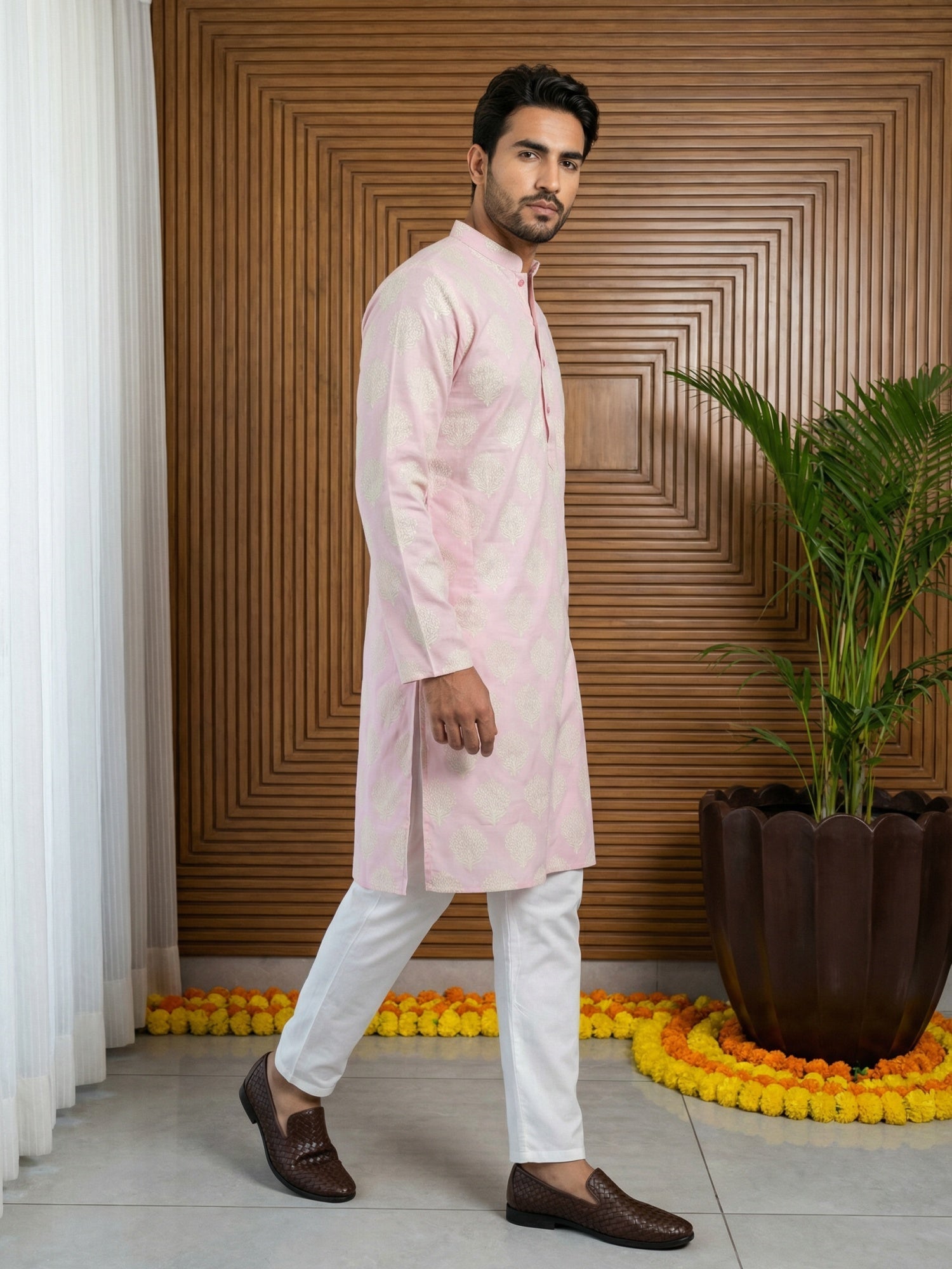 DesiQlo Men Printed Kurta Pyjama Set - Pink - 65KP_P_5510Pink_S