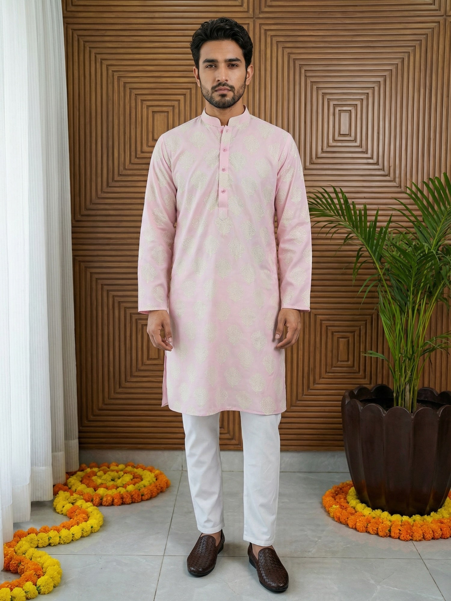 DesiQlo Men Printed Kurta Pyjama Set - Pink - 65KP_P_5510Pink_S
