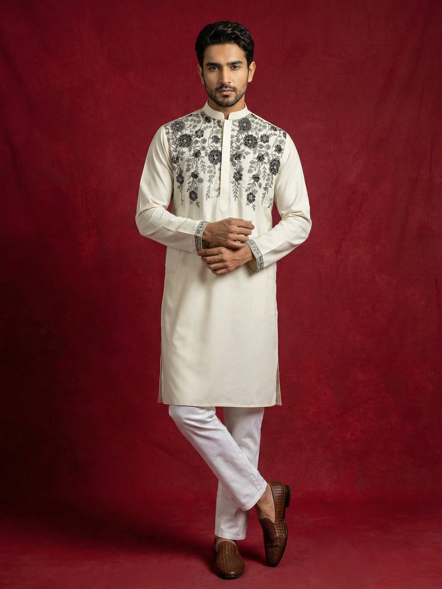 DesiQlo Men Embroidered Kurta Pyjama Set - Beige - 65KP_P_5511Cream_S