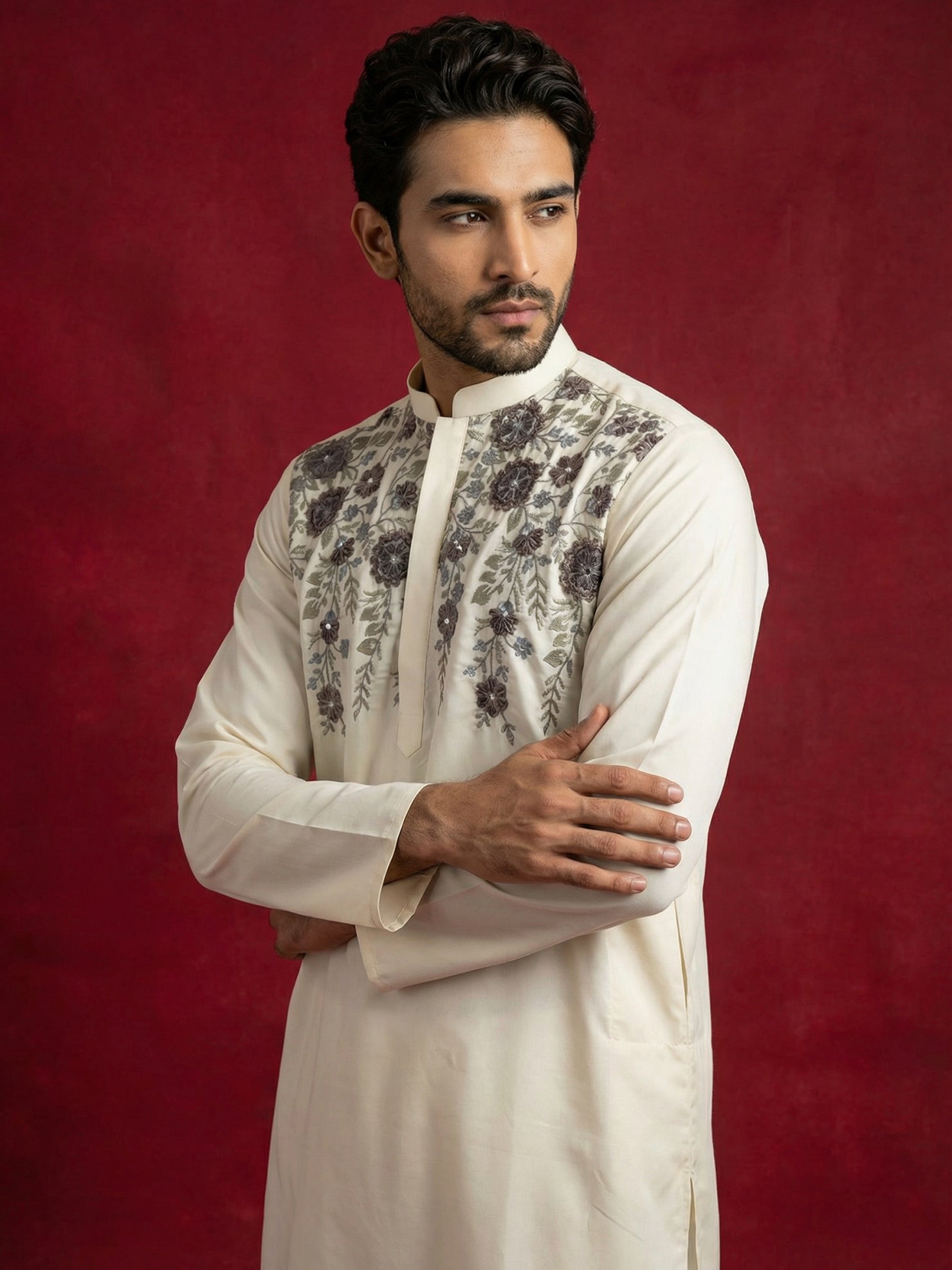 DesiQlo Men Embroidered Kurta Pyjama Set - Beige - 65KP_P_5511Cream_S