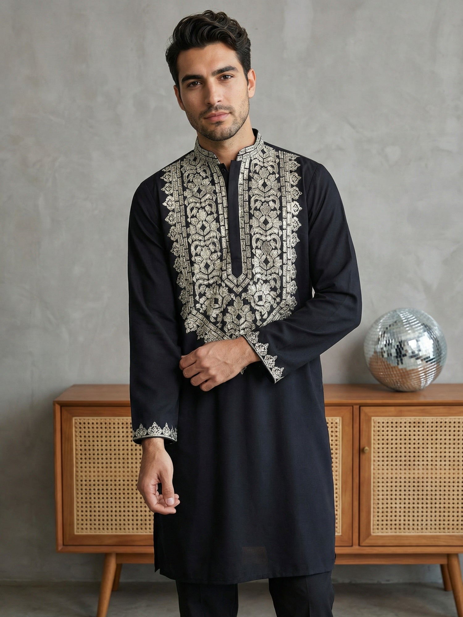 DesiQlo Men Embroidered Kurta Pyjama Set - Black - 65KP_B-P_5514Black_