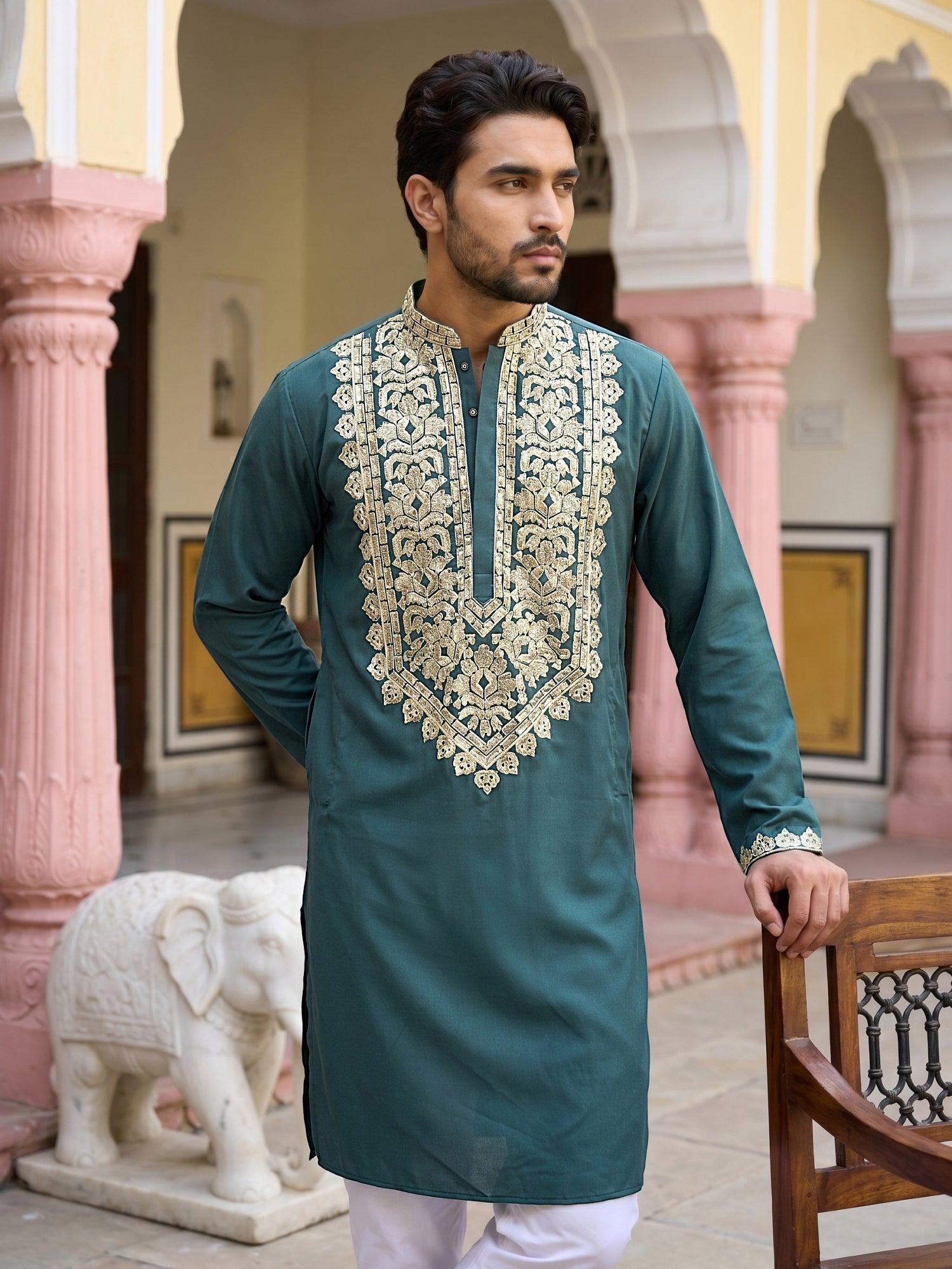 DesiQlo Men Embroidered Kurta Pyjama Set - Multicolor - 65KP_P_5514Pea
