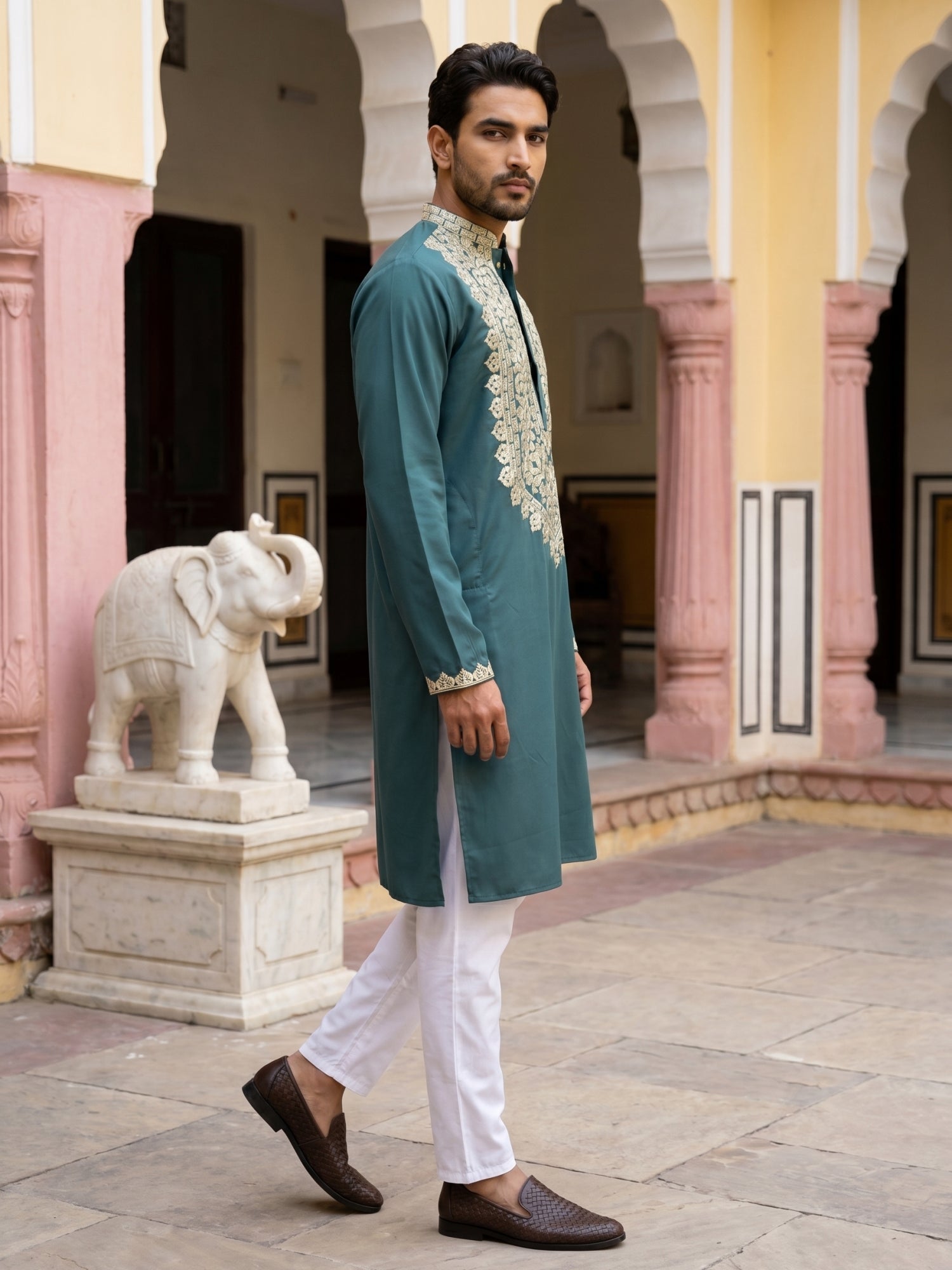 DesiQlo Men Embroidered Kurta Pyjama Set - Multicolor - 65KP_P_5514Pea