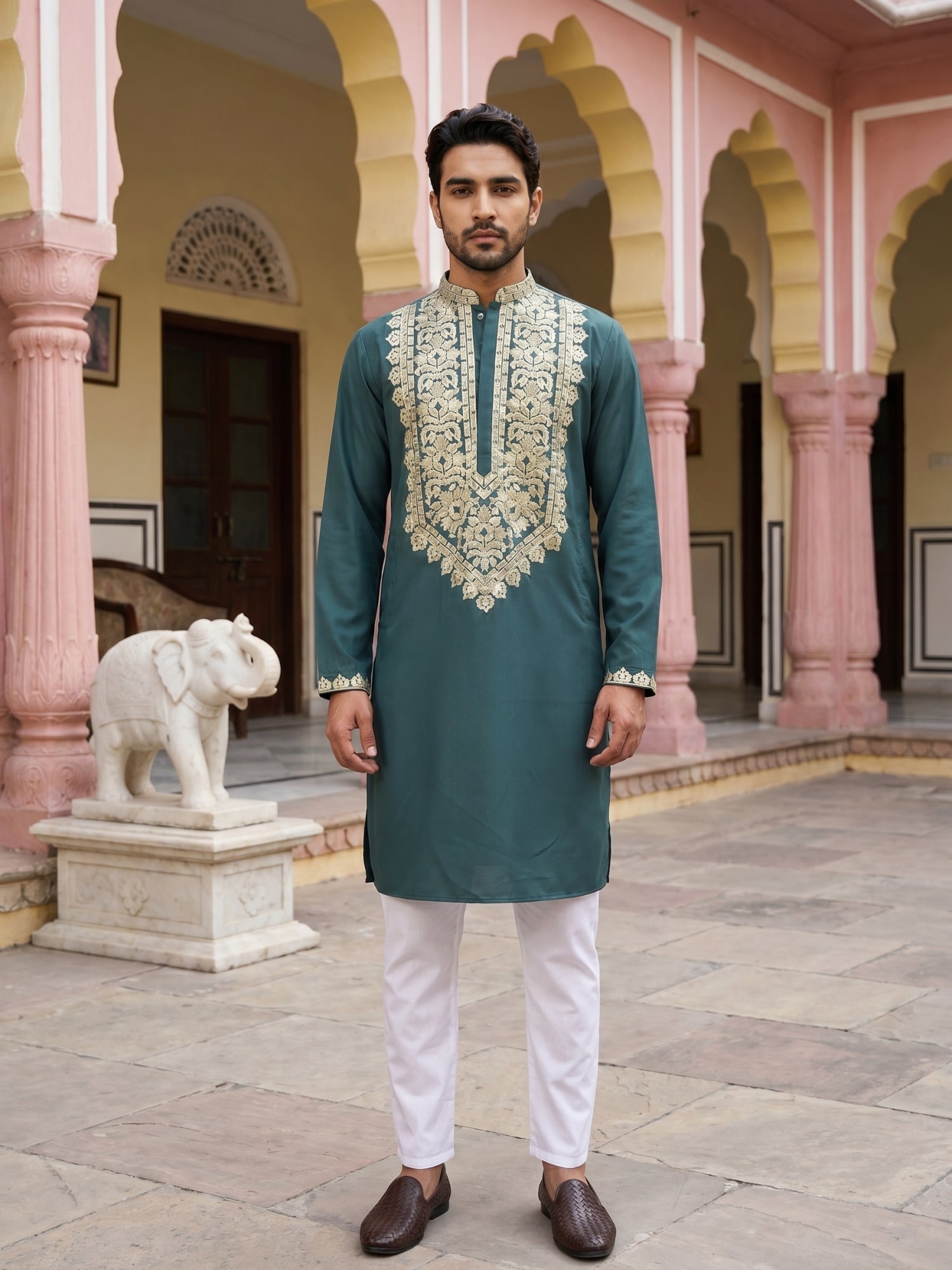 DesiQlo Men Embroidered Kurta Pyjama Set - Multicolor - 65KP_P_5514Pea