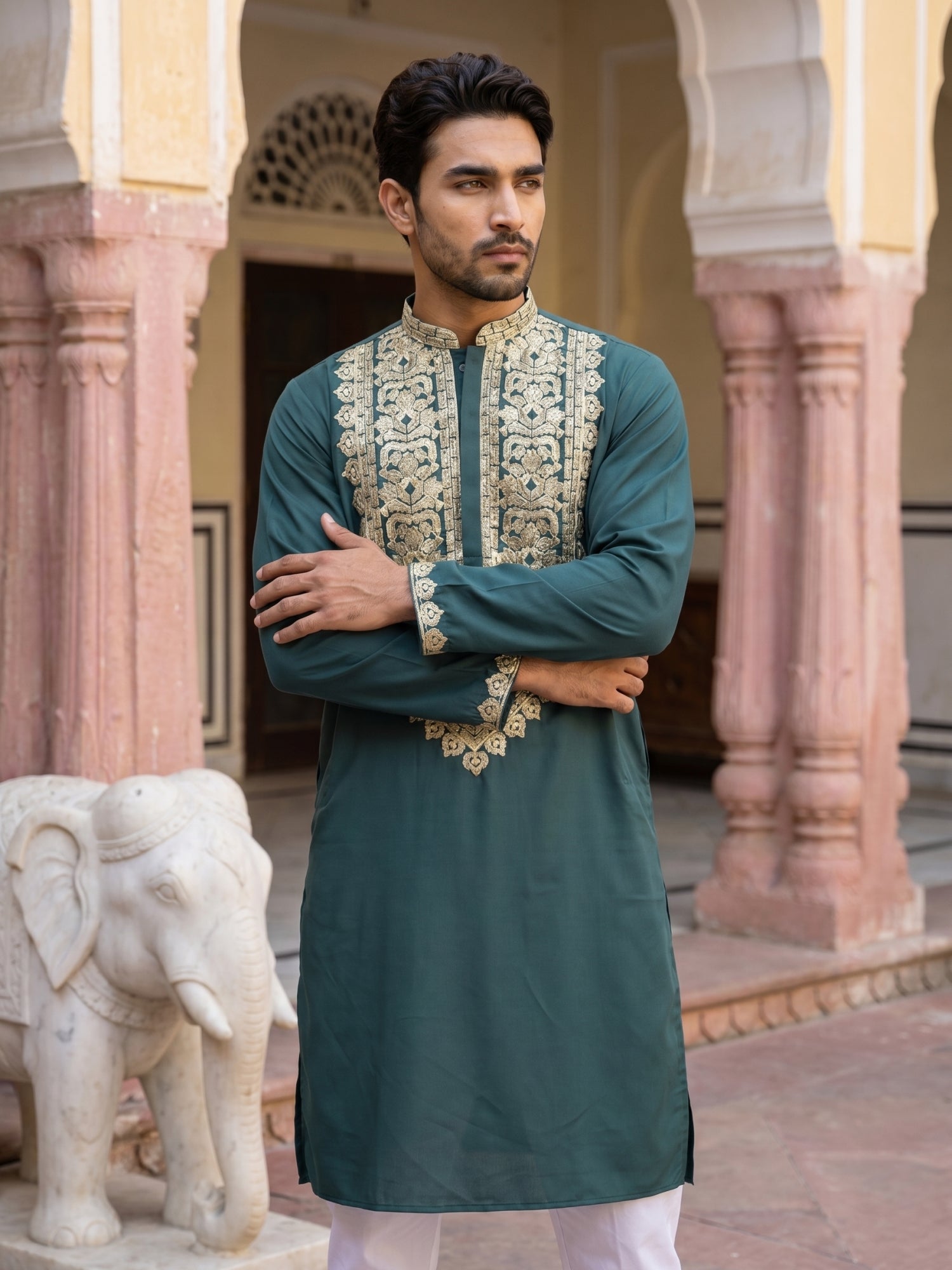 DesiQlo Men Embroidered Kurta Pyjama Set - Multicolor - 65KP_P_5514Pea