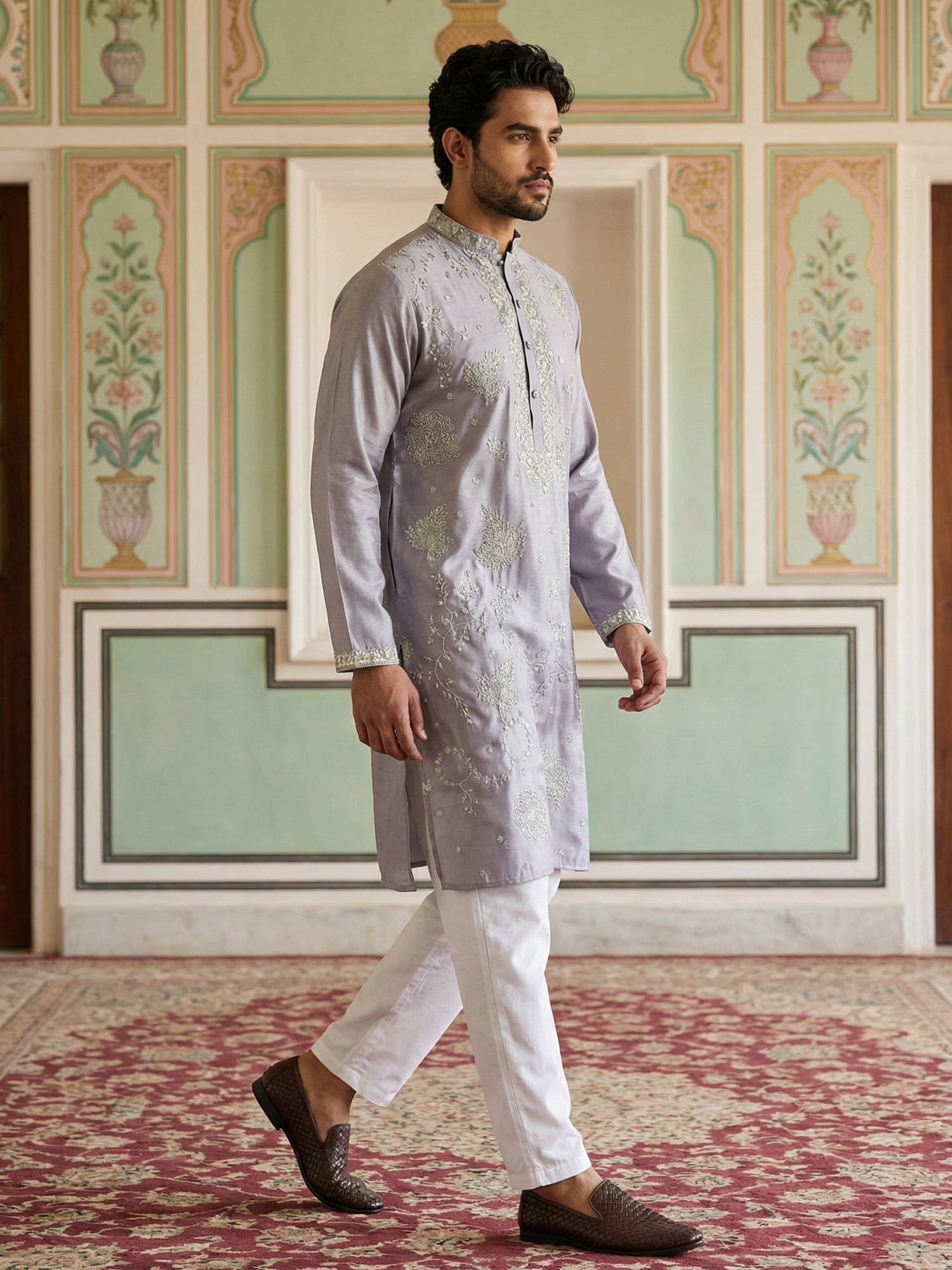 DesiQlo Men Embroidered Kurta Pyjama Set - Purple - 65KP_P_5515Lavende