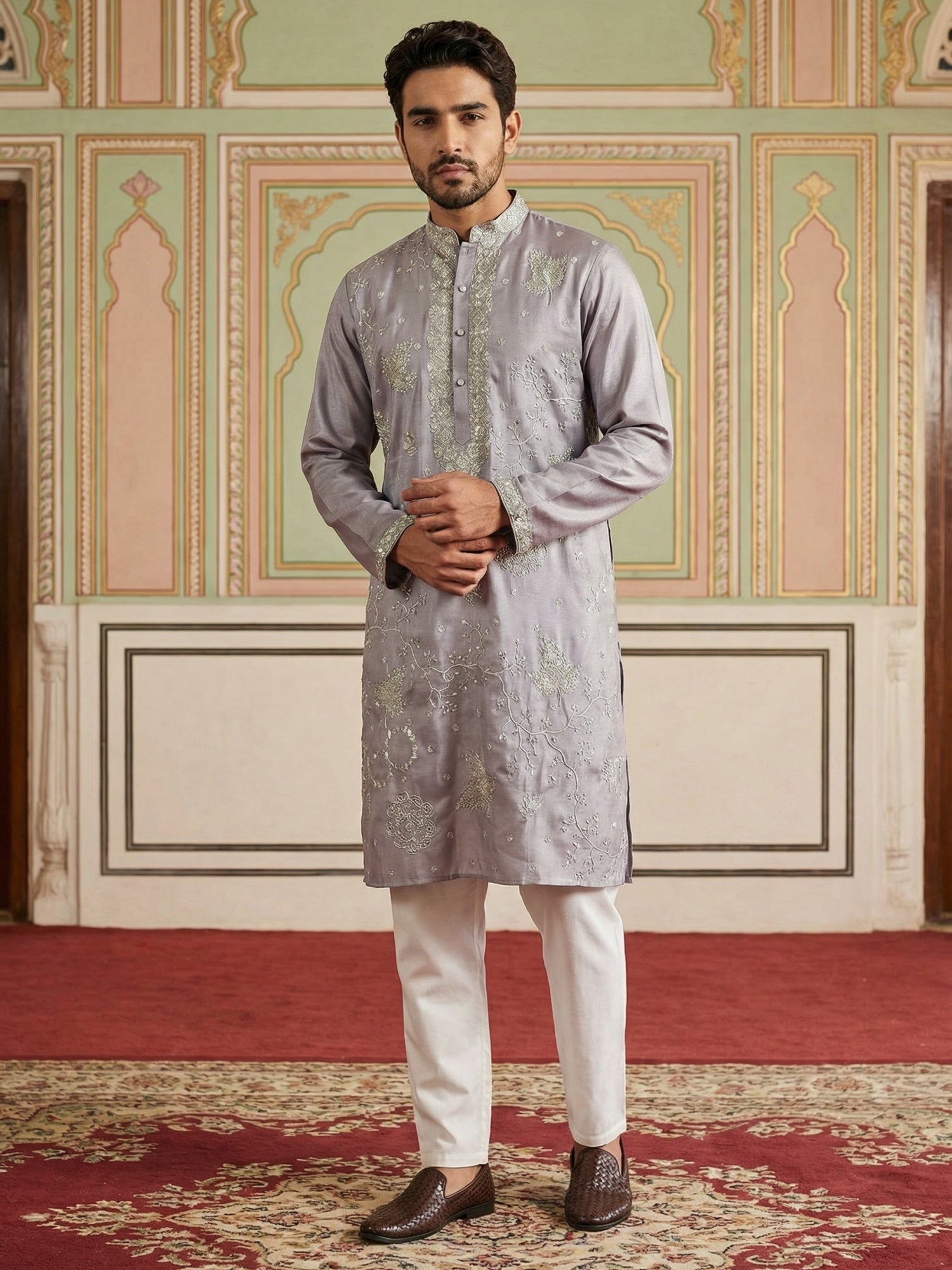 DesiQlo Men Embroidered Kurta Pyjama Set - Purple - 65KP_P_5515Lavende