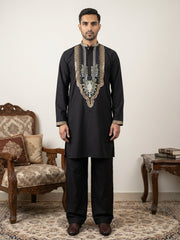 Black Cotton Blend Ethnic Embroidered Kurta with Korean Pants ( 65KP PJ11B 5516Black )